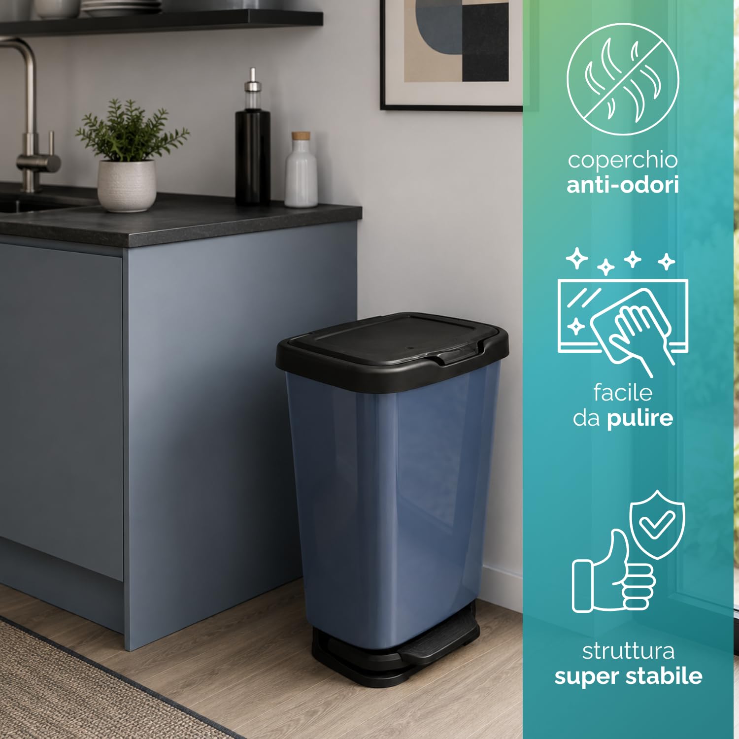 PALUPLUS Pattumiera da Cucina in Plastica Effetto Acciaio, Misura 39x29,5x63 cm, Pedale per Apertura Automatica e Chiusura Rallentata, Coperchio Anti Odori con Fermasacco -1061C -3,2 (40 Litri)