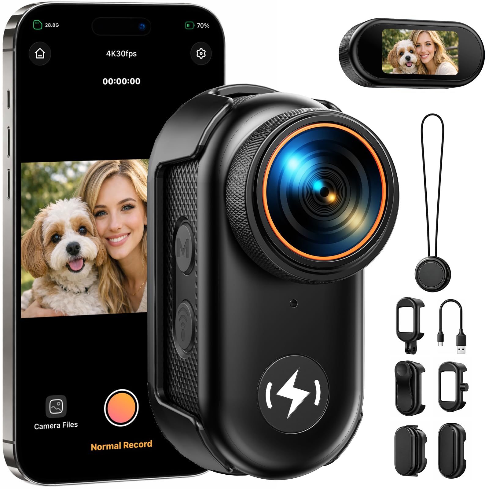 CAMWORLD 4K POV Camera, Mini Body Camera with WiFi & 64GB Card, Thumb Action Camera, 1.47” Screen for One-Click Landscape/Portrait Switching, Hands-Free Camcorder for Vlogging/Ski/Travel/Cycling