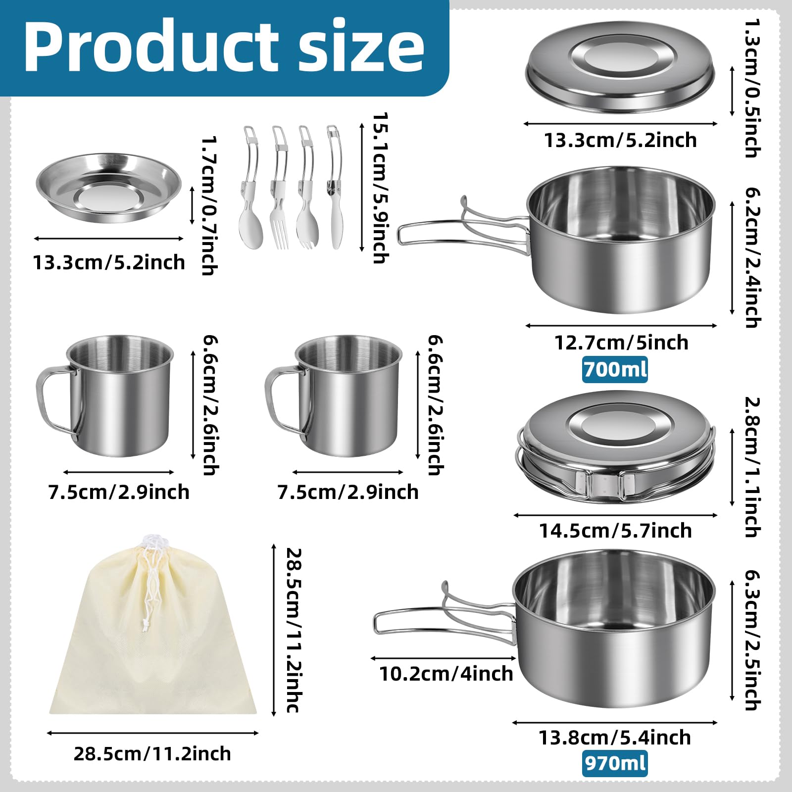 12 Piezas Utensilios Cocina Camping, Juego de Olla y Sartenes de Acero Inoxidable de Camping Kit de Portátil y Liviano para 1-2 Personas Ligero y Compacto para Acampar Senderismo Picnic