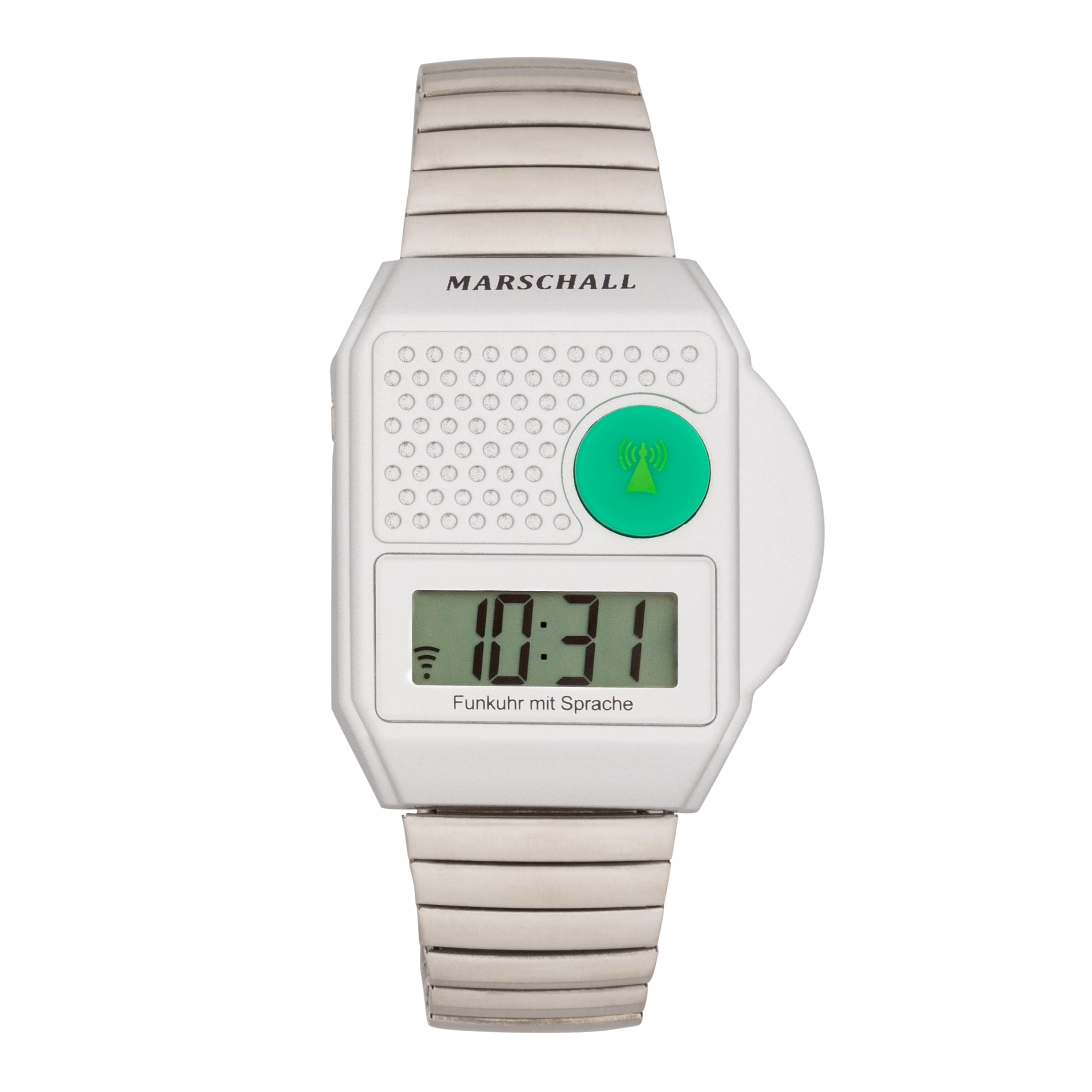 Marschall Deutsch sprechende Digitale Funkarmbanduhr mit Metallzugarmband I 1110V I Silber I Ansage von Zeit und Datum I Weckfunktion I Großes LCD Display