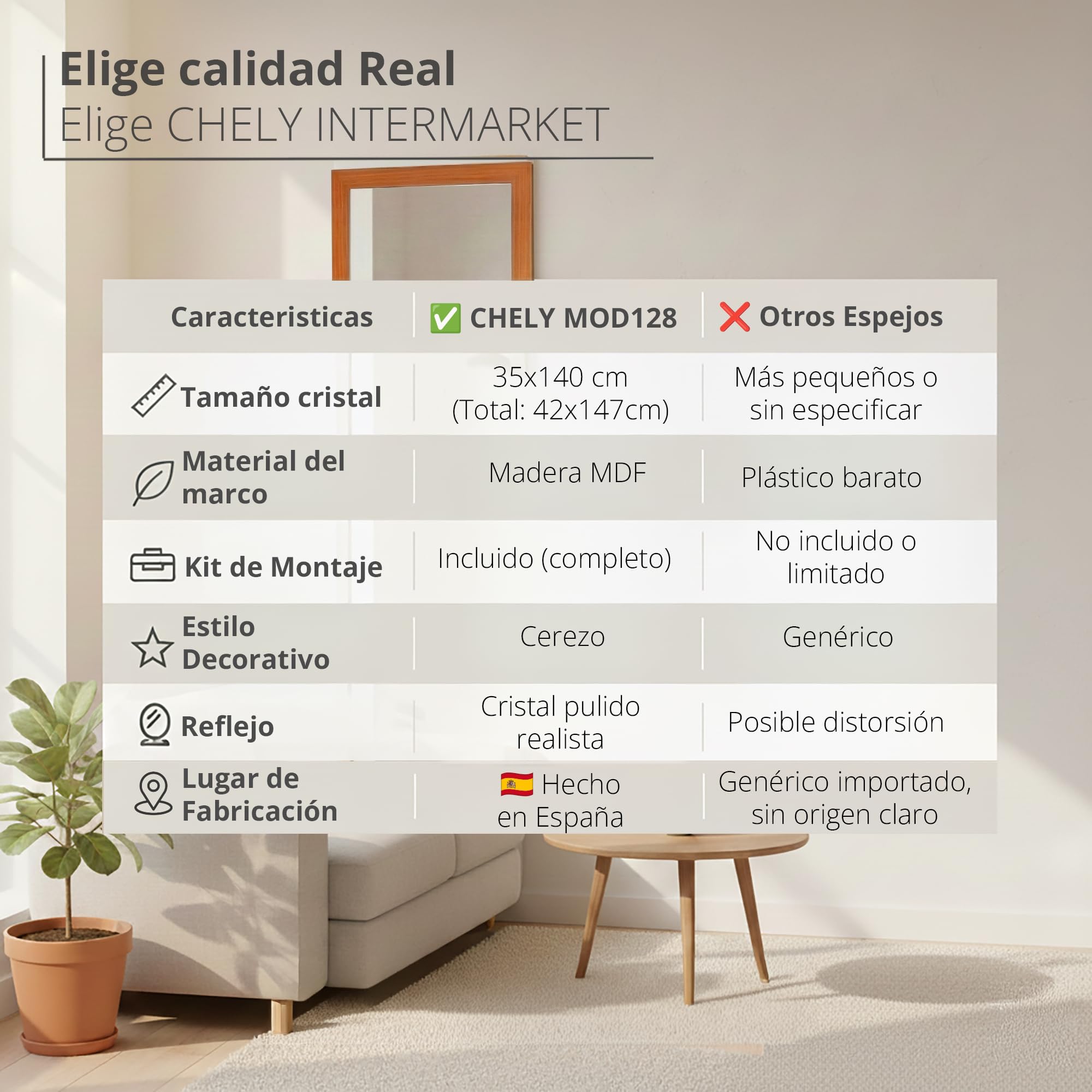 CHELY INTERMARKET MOD128 Espejo Pared Vertical Decorativo Grande Estilo Moderno Marco Madera Cuerpo Entero Elegante 35x140 cm Cerezo Ideal Recibidor Dormitorio Baño Incluye Kit Montaje