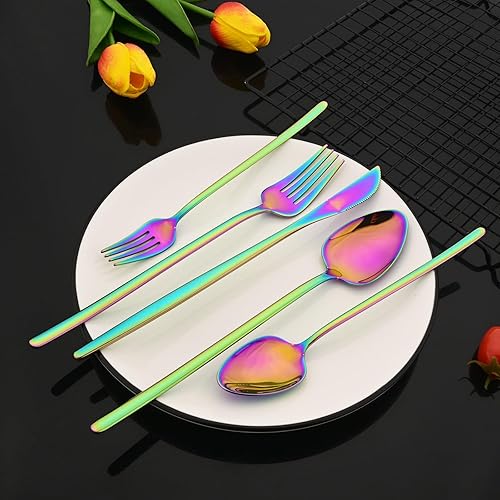 Miniatura 6 de JASHII Juego de cubiertos de lujo con diseño de arcoíris brillante, acero inoxidable 1810, utensilios de cocina iridiscentes para 4, pulido con