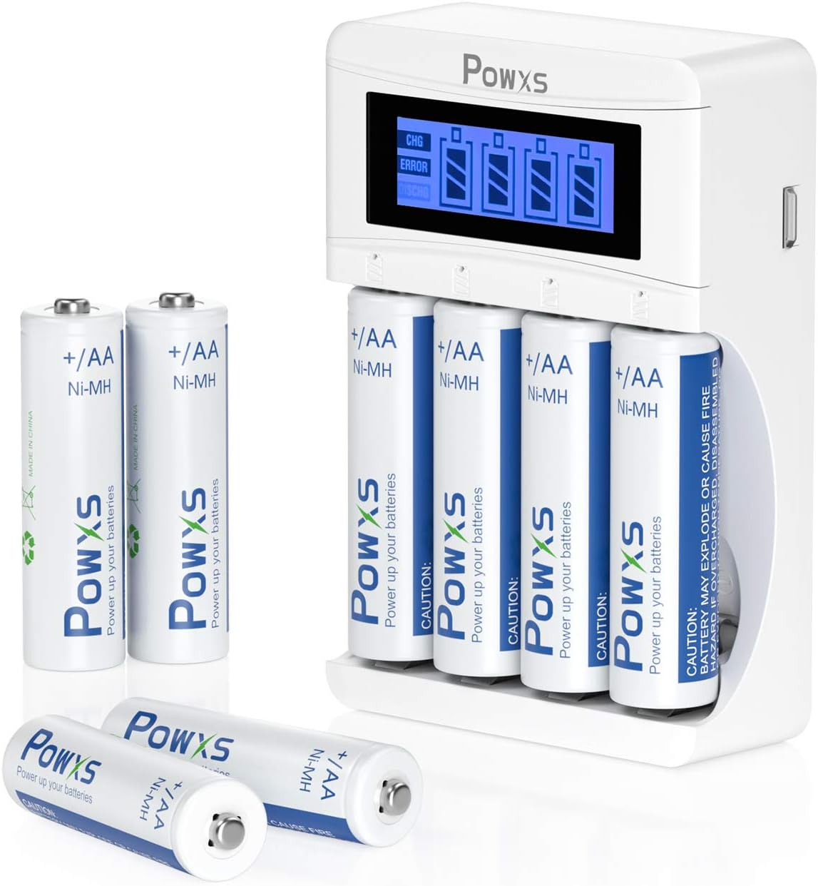 POWXS Rechargeable AA Batteries 2000mAh (8 Counts) with LCD Display Battery Charger
