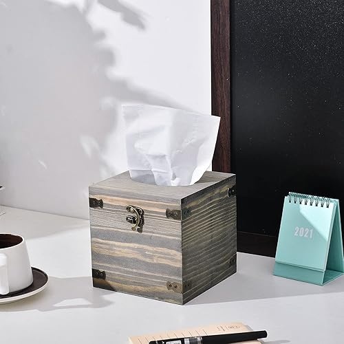 Miniatura 4 de Caja de papel de seda facial cuadrada de madera vintage gris rústico, soportes de esquina de metal, tapa con bisagras, cierre de gancho, cubierta