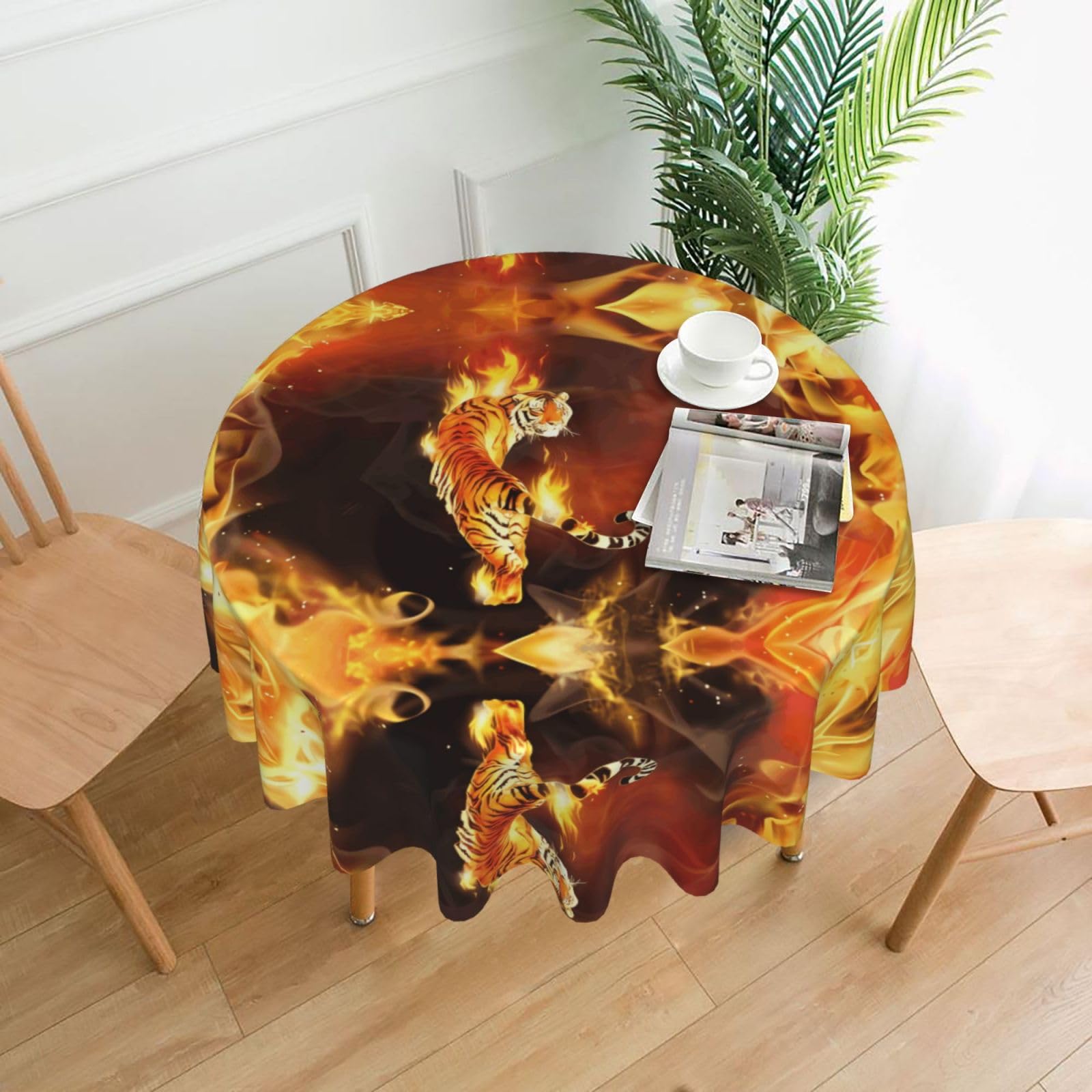 YYHWHJDE Cool Tiger in Flame Prints Round Decorative Tablecloth 60in - High-Grade Polyester Throw for Elegant Dining & Festive Gatherings