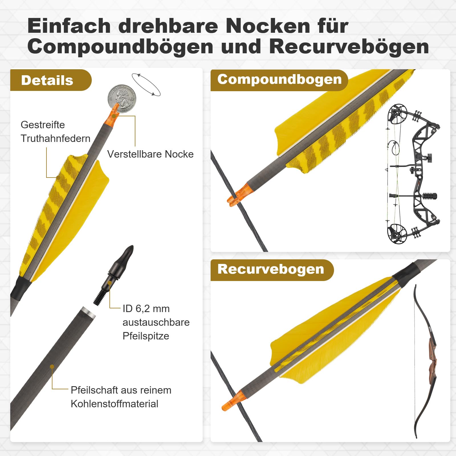 Toparchery 6er 31/32 Zoll Carbon Pfeile für Bogenschießen Bogenpfeile Jagdpfeile mit 4 Zoll Naturfedern Spine400 für Recurvebogen Compoundbogen