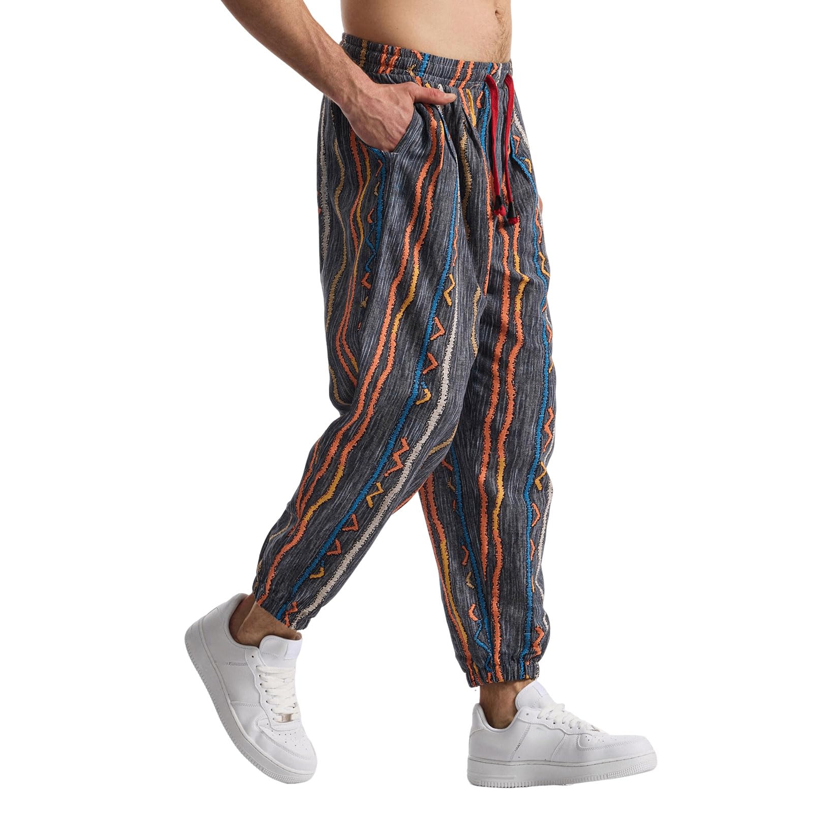 MakingDa Herren-Jogginghose aus Baumwolle mit elastischem Bund, Paisley bedruckter, Hippie-Stil Weite Beinhose, Lockere Passform, bequem für Strand, Spazierengehen, Laufen und Joggen