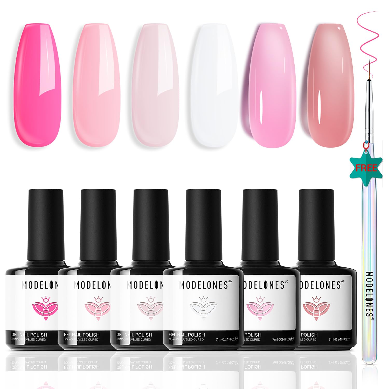 modelonesGel Nail Polish Set, 6 Colors Light/Hot/Nude Pink Jelly Gel Nail Polish White Summer Bright Nail Polish Kit with Nail Art Liner Brush Soak Off French Manicure DIY Salon Gifts