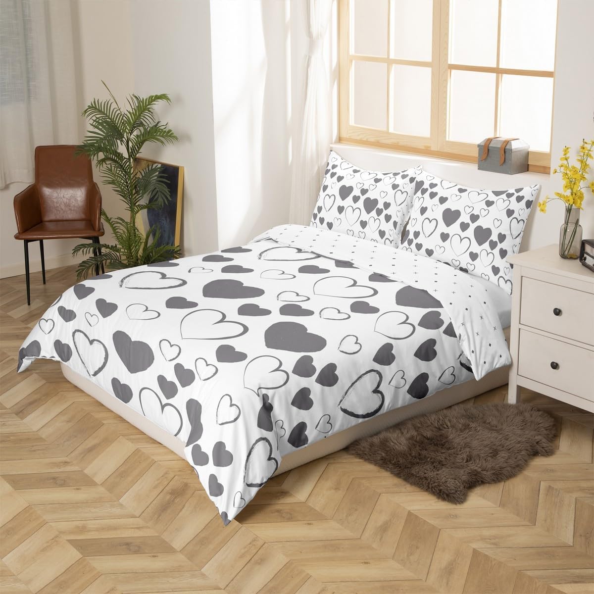jejeloiu Heat Love Pattern Bedding Set for Kids Boys Girls Romantic Comforter Cover Set Love Print Duvet Cover Toddler Size Bedroom Decor White Grey 2Pcs,No Comforter
