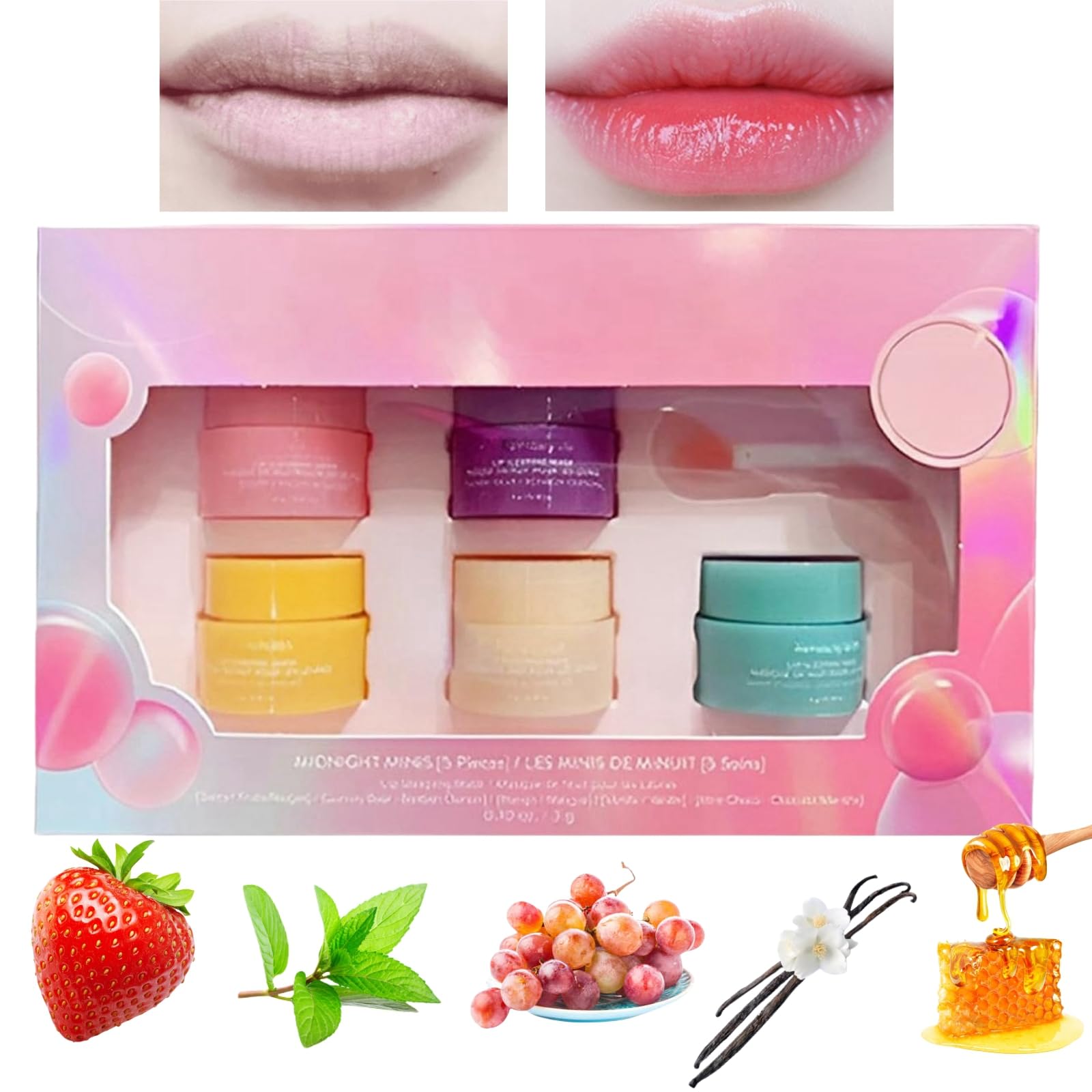 Lip Sleeping Mask Set - 5PCS Mini Day and Night Repair Balm for Dry Lips - Hydrating Overnight Lip Care, 3g Each