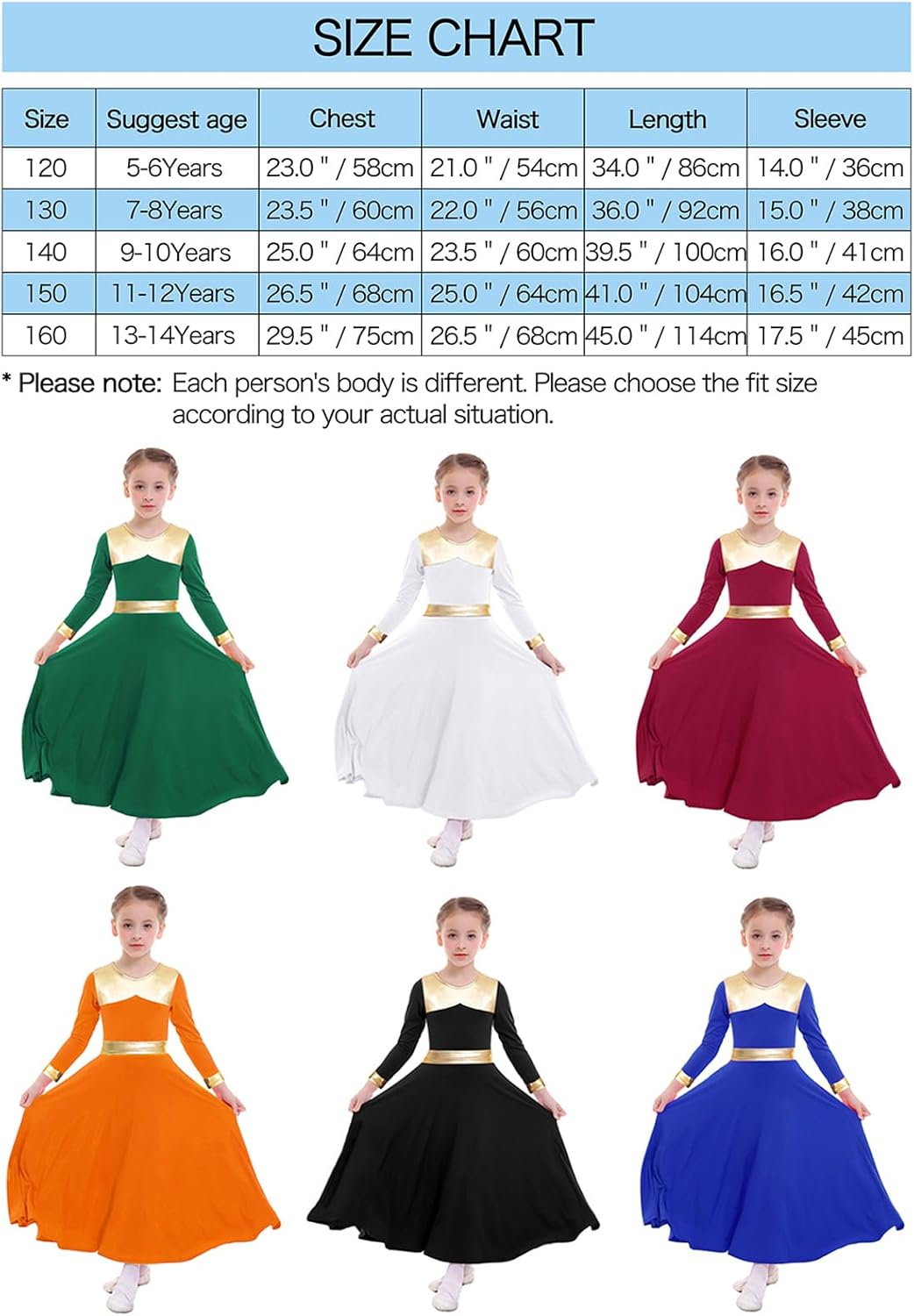 Z&X Girls Praise Dance Outfits Metallic Gold Liturgical Worship Church Robe Full Length Swing Skirt Costume