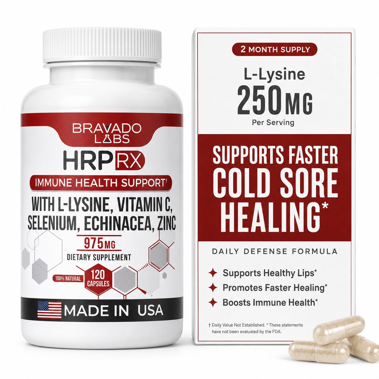Bravado Labs L Lysine Cold Sore Treatment 250mg per Serving - 120 Capsules