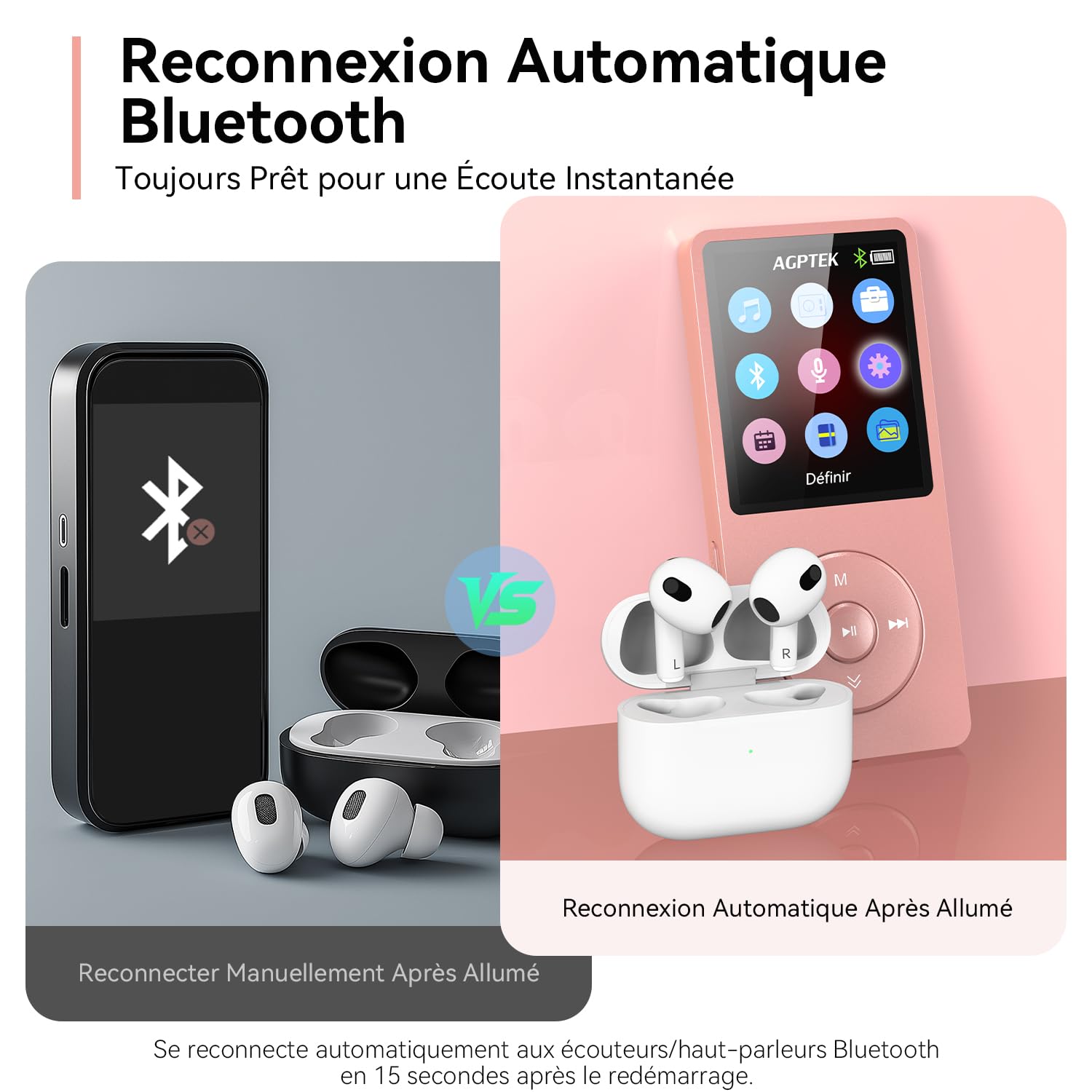 AGPTEK Lecteur MP3 Bluetooth 5.3 64Go Baladeur Portable HiFi 70H Autonomie Radio FM Or Rose