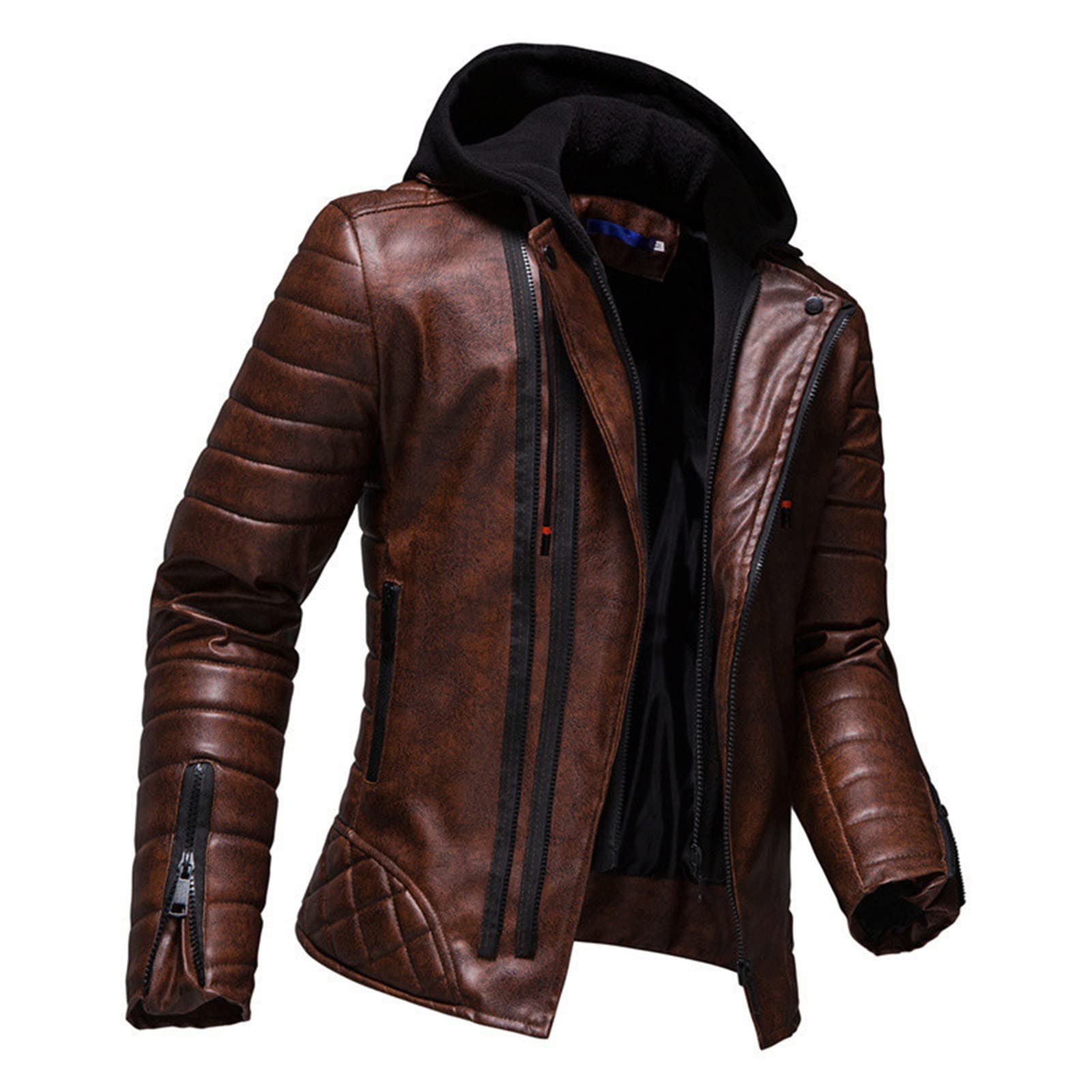 Maiyifu-GJ Mens Retro Faux Pu Leather Jacket Vintage Motorcycle Stand Collar Long Coats Outdoor Biker Overcoat Windbreaker (Dark Brown,Large)