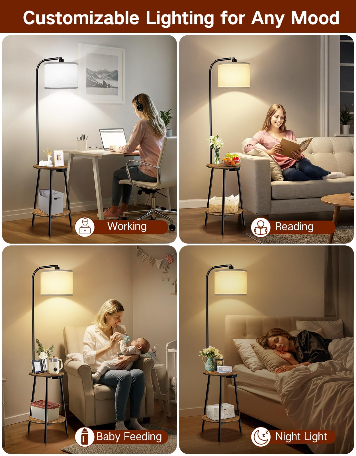 Lampada da Terra con Tavolino, LED Dimmerabile con Telecomando, 3 Temperature Colore, Mensola con Ricarica USB per Soggiorno Camera Ufficio (Marrone Rustico Rotondo)