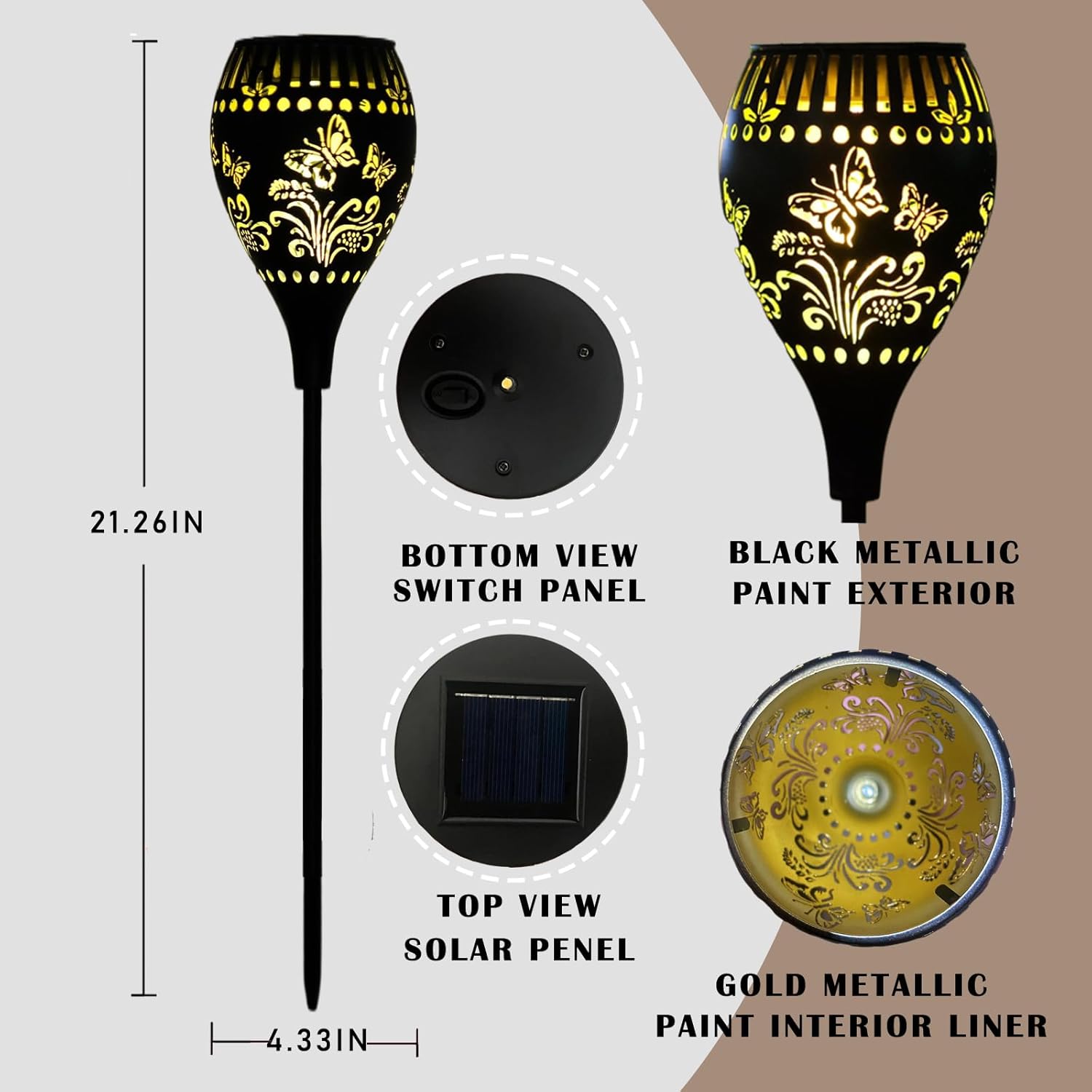 Butterfly Solar Garden Stake Lights Waterproof - 21 inch Metal Solar Garden Lights with Warm Light Decorative Landscape Path Light for Yard Pathway Patio Walkway Backyard Lawn Decor (Black, 2Pcs)