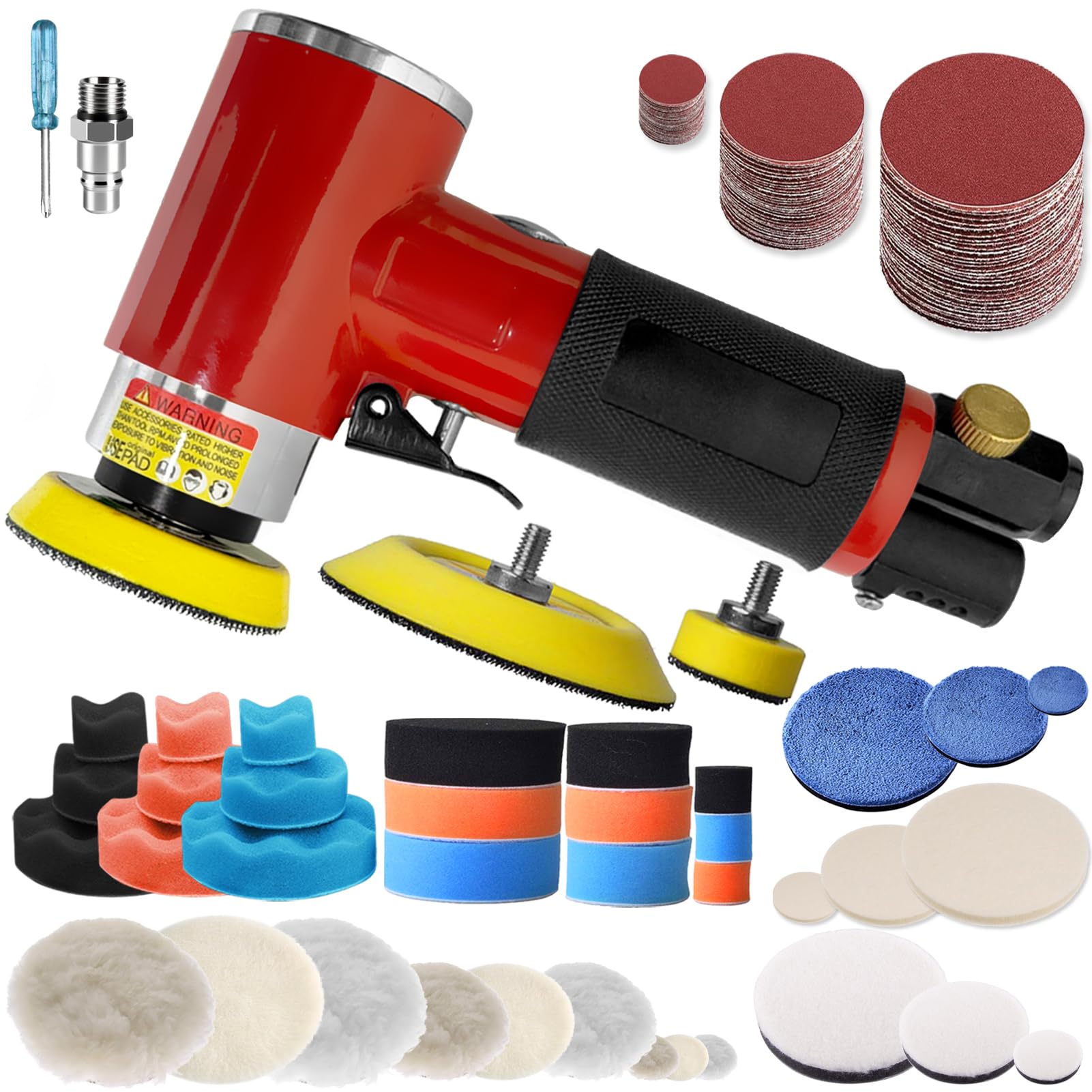 Mini Ponceuse Pneumatique Excentrique EUMAYES - Kit Avec Disques 25/50/75 Mm, Papier Abrasif, Tampons Polissage, Pour Métal, Bois, Carrosserie - 9