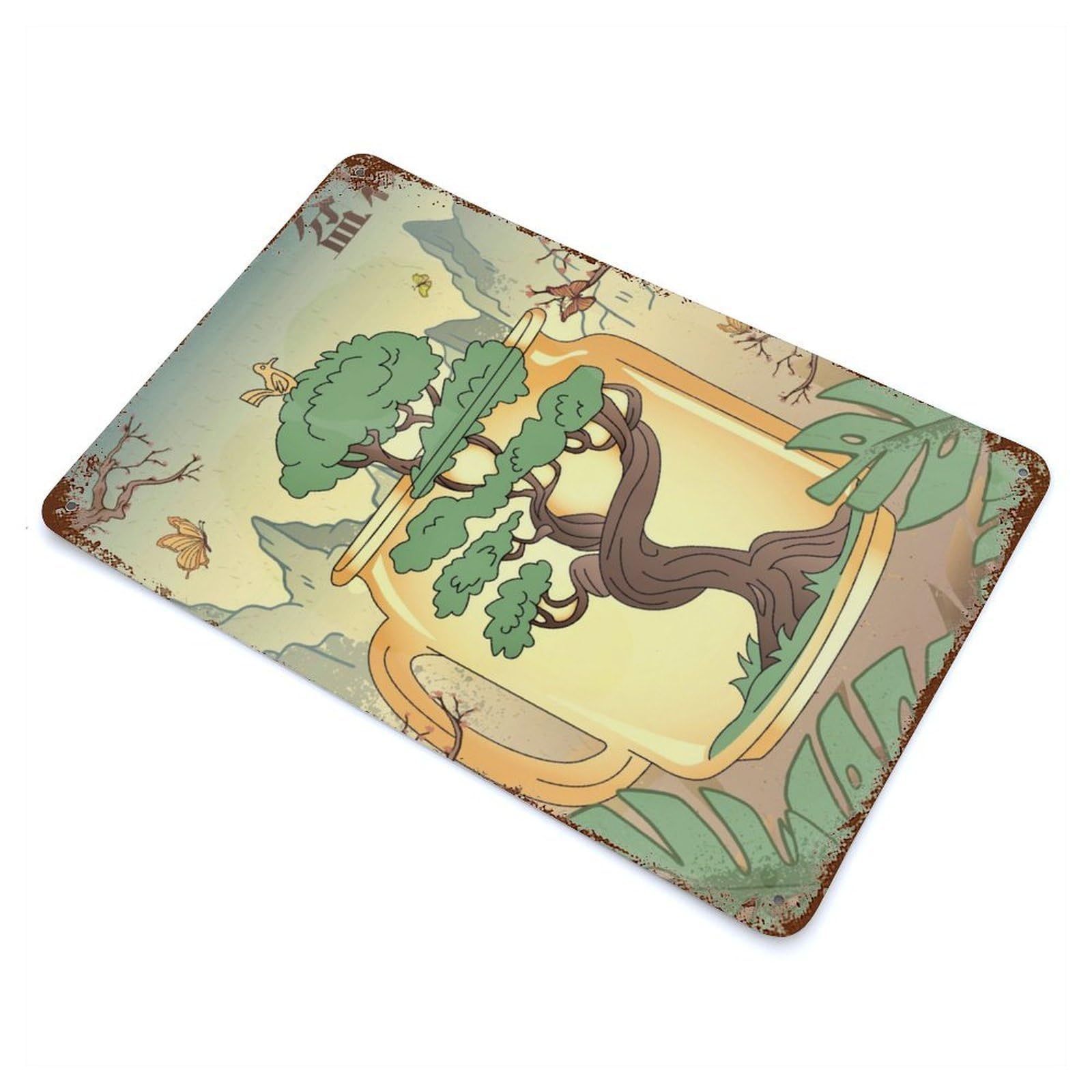 Rustic Tin Plaque Japanese Bonsai Tree Fuji 11.8"x7.9", Retro Wall Decor for Shed, Workshop And Garage Wall Decor