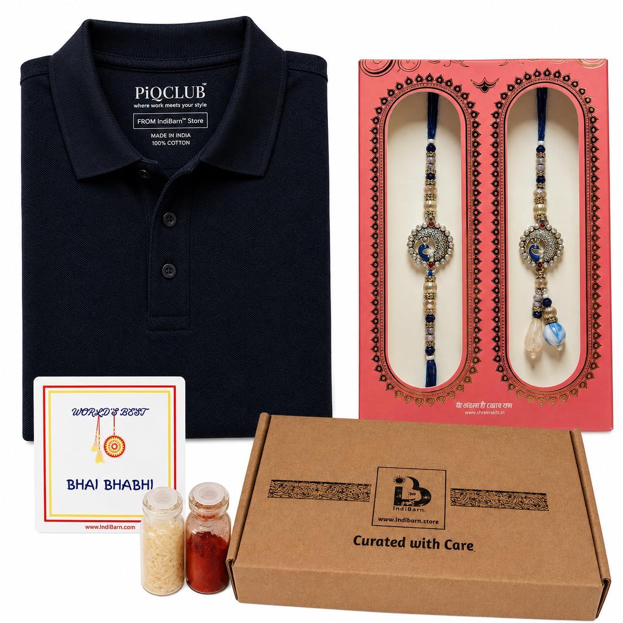 Rakhi Gift Combo Set - IndiBarn Evil Eye Rakhi with Fridge Magnet Premium NavyBlue Cotton Polo T-Shirt for Brother | Rakshabandhan Gift Pack-picture-12