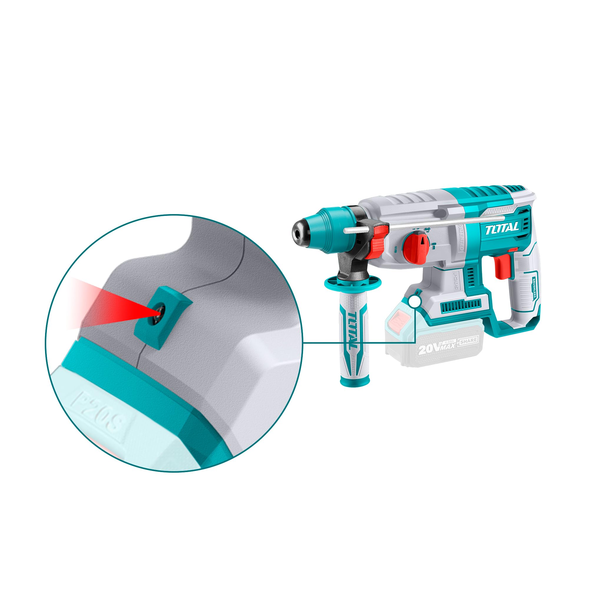 TOTAL - Martillo Combinado a Batería 20V - Motor Brushless Sin Escobillas - Luz LED - 3 Brocas SDS Plus y Cincel - Capacidad de Perforado 26mm - Fuerza Impacto 2J- No incluye Batería ni Cargador