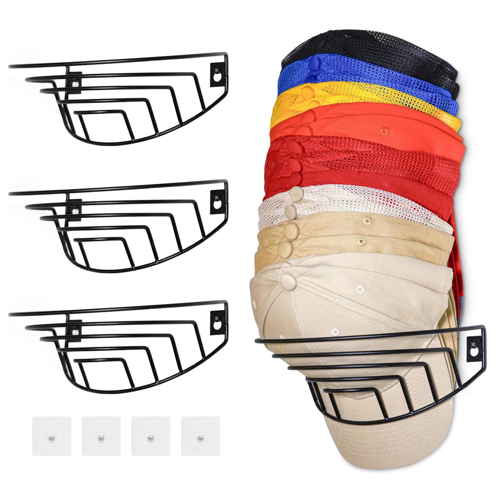 HYDERMUS Hat Rack Organizer for Wall 4 Pack for 60 Baseball Caps with Adhesive Hooks Compact Metal Hat Hanger for Door Hat Storage Wall Mount Ball Hat Holder Display for Bedroom Entryway Black