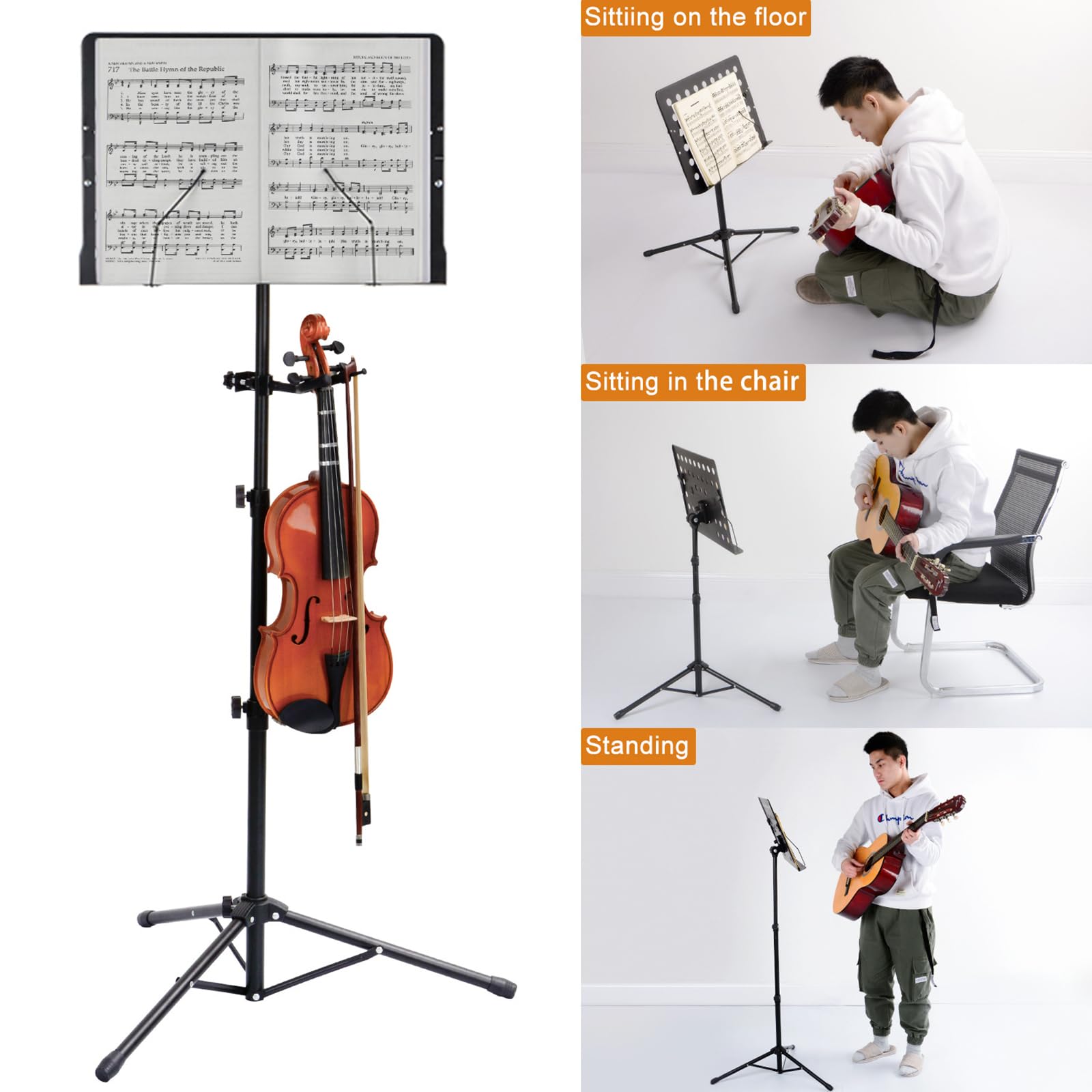 NEWFUN Pupitre Musique Pliable, Pied à Musique avec Crochet Guitare et Sac Rangement Noir