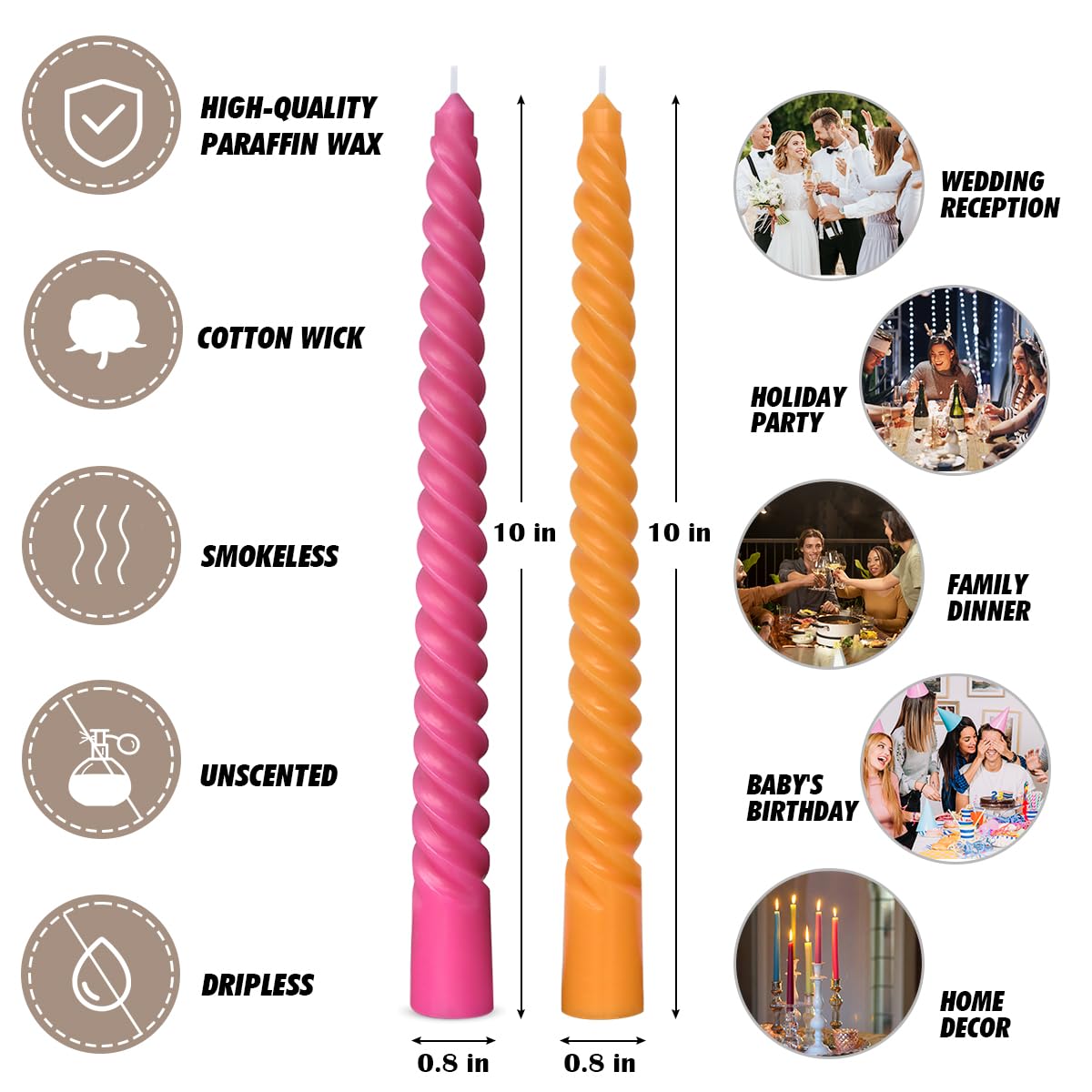 Paquete de 10 velas cónicas en espiral color naranja y rosa intenso para decoración del hogar de vacaciones, candelabros trenzados sin goteo de 10 pulgadas para cena, fiesta, boda, Halloween, Acción