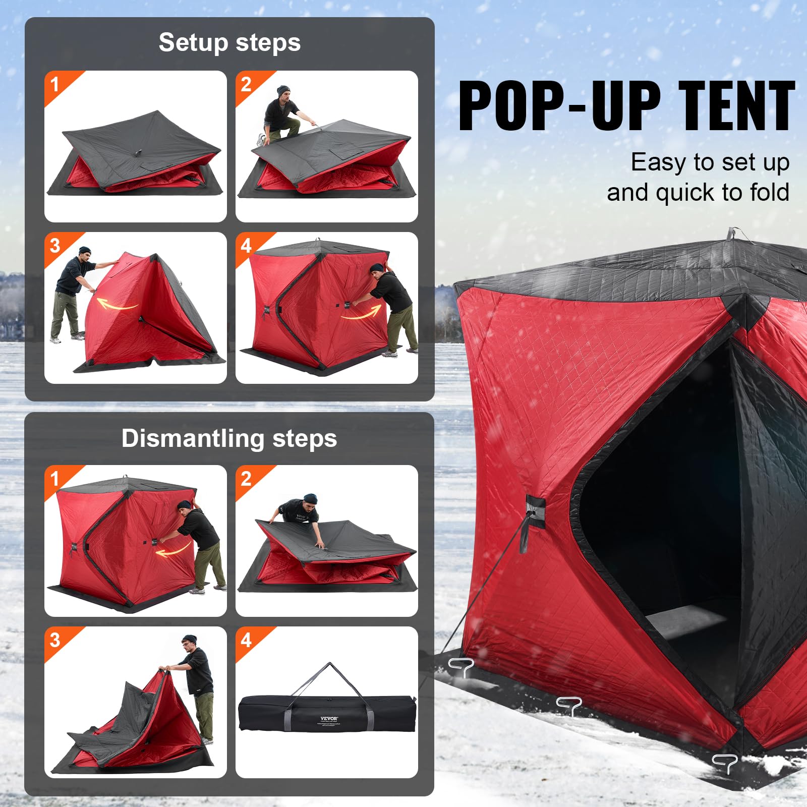 VEVOR Abri de Pêche sur Glace 1,8x1,8x2 m Tente Escamotable Portable Isolant Thermique Tissu Oxford