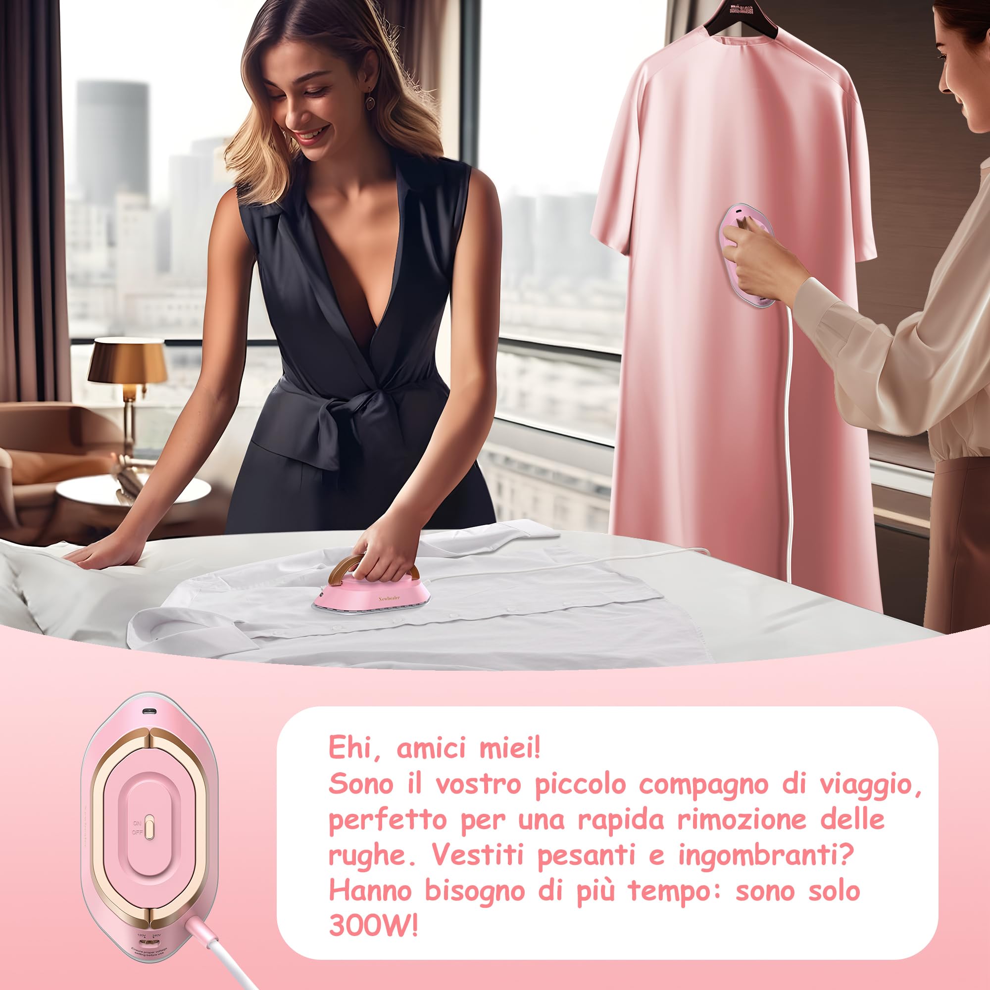 Newbealer Ferro da Stiro da Viaggio, Ferro da Viaggio Mini Portatile Leggera Compatto senza Vapore, Stirare i Vestiti, Doppio Voltaggio 100V-240V, rosa
