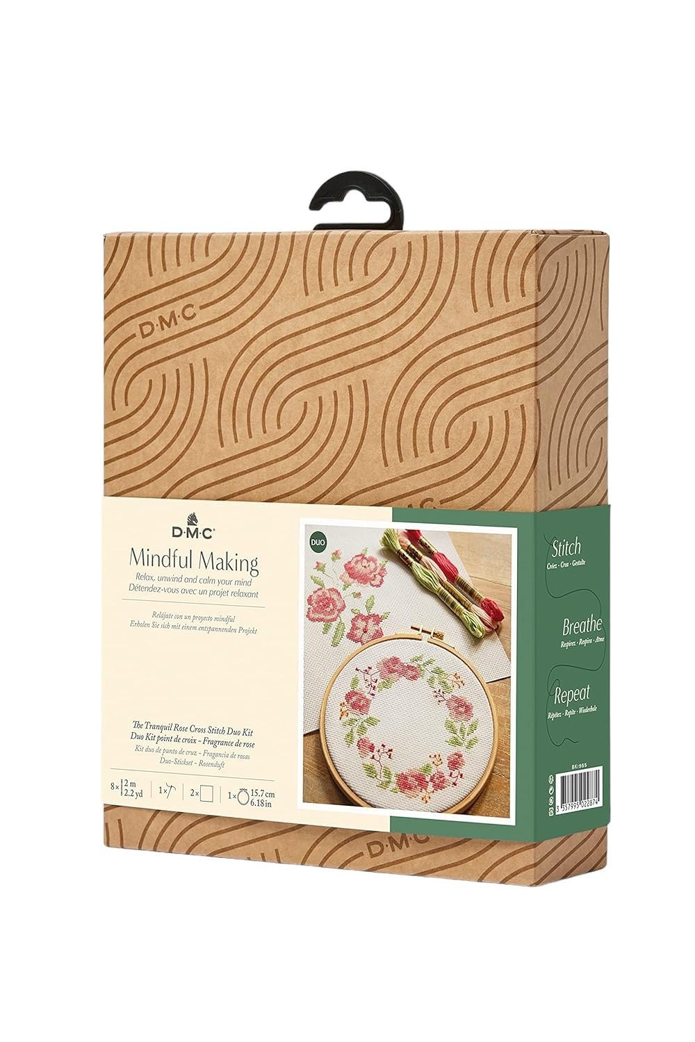 DMC Tranquil Rose Cross Stitch Duo Kit, Includes 8 Skeins of Stranded Cotton, 2 Pieces of 14ct Aida Fabric, Embroidery Needle, Wooden Hoop and Instructions