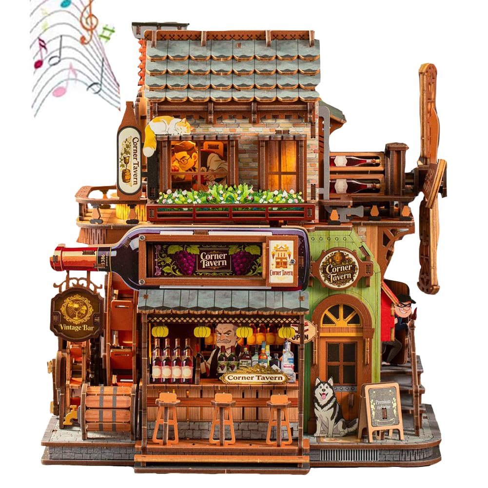 DIY Miniature House Kit, Gear‑Driven Mechanical Book Nook with Touch‑Sensor LED Lights & Music, Model for Desktop Home Display & Art Craft Project