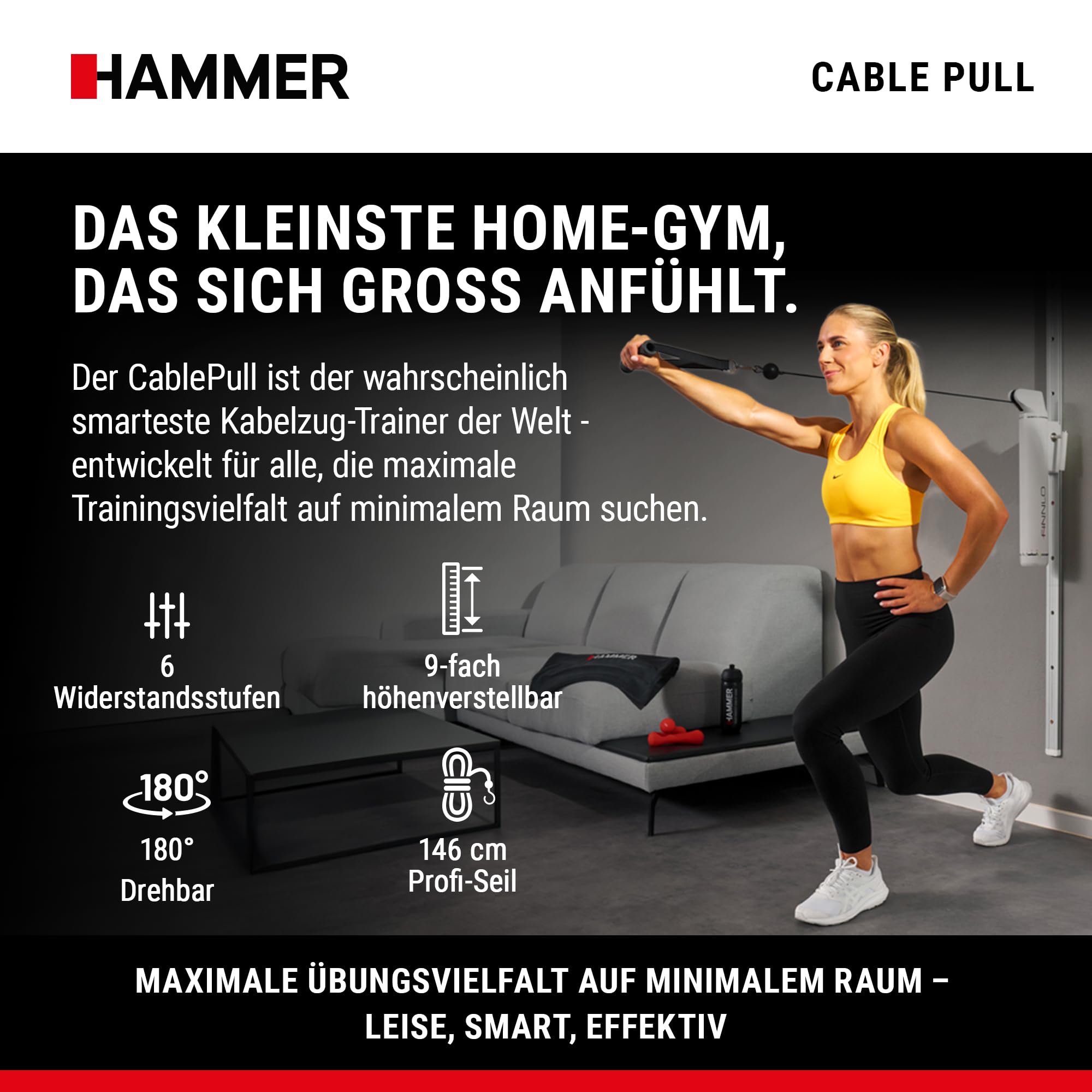 HAMMER Kraftstation Finnlo CablePull, Kabelzugstation, Kabelzug Trainer | Karfttraining Zuhause, 6 Widerstandsstufen, 146 cm Profi-Seilzuglänge, Seilzug 180° Grad drehbar, 9-fach höhenverstellbar