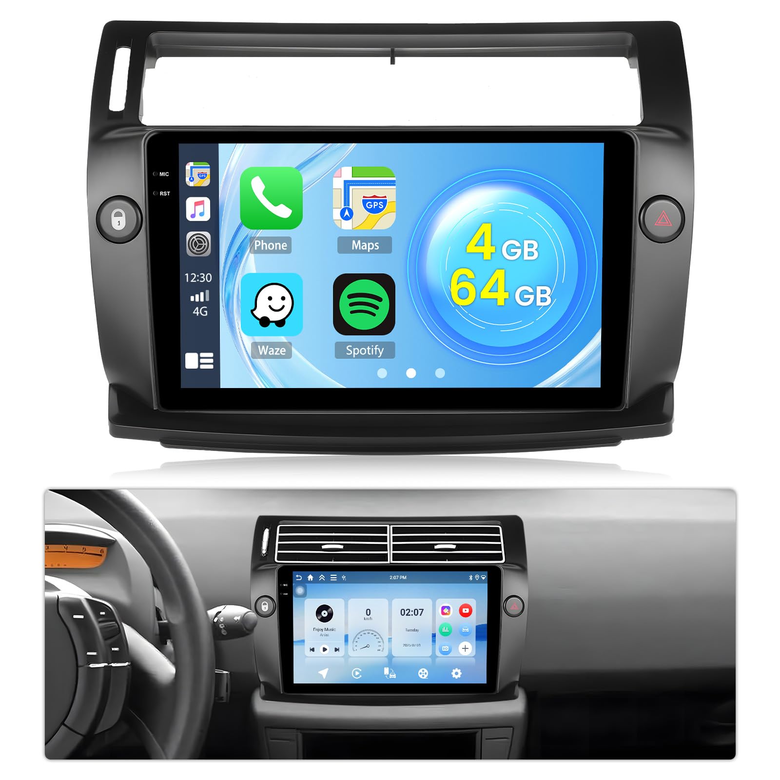 6+128Go Autoradio Podofo 9 pour Citroën C4 2004-2009/C-QUATRE 2008-2011 - CarPlay/Android Auto, DAB+/BT5.0/GPS, Caméra de Recul - Auto
