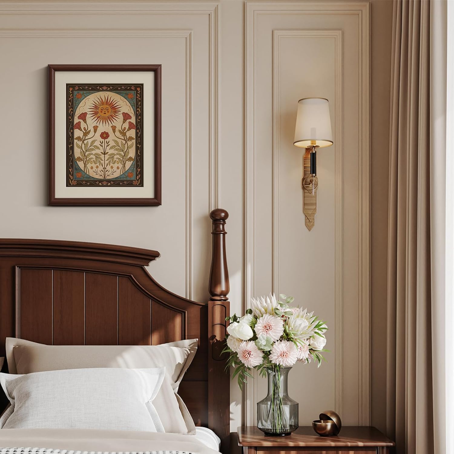 InSimSea Brown Framed Canvas Wall Art, Bedroom Small Vintage Art,11x14in, Retro Sun floral Paintings Prints, Country Bohemian Shelf Decor for Living Dining Room Hallway, Anti-dust(with acrylic panel)