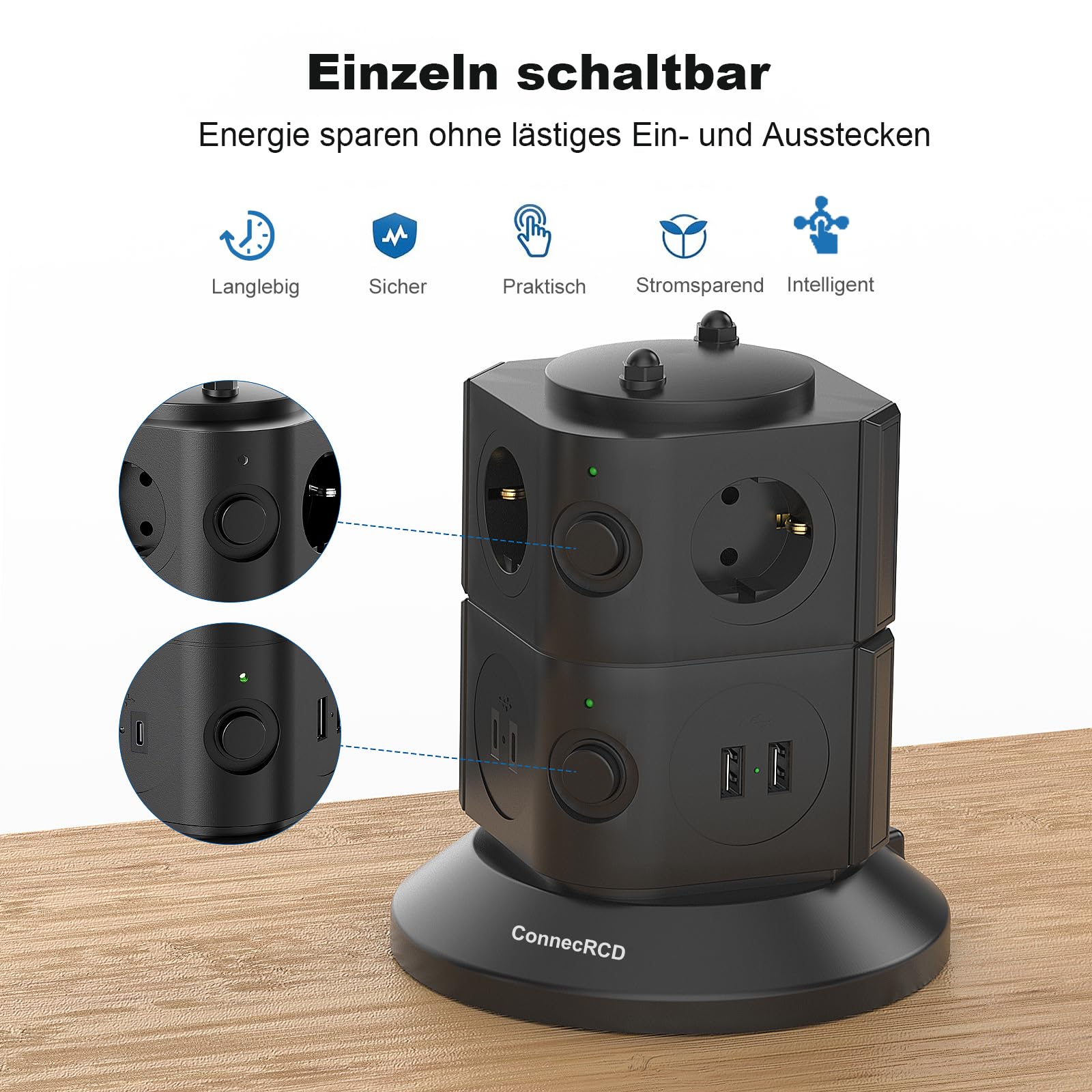 Interruttore di protezione FI, ciabatta multipresa a 6 prese, 4 USB, cavo da 3 m | Protezione da sovratensione, presa multipla a cubo, cavo di prolunga per ufficio e cucina
