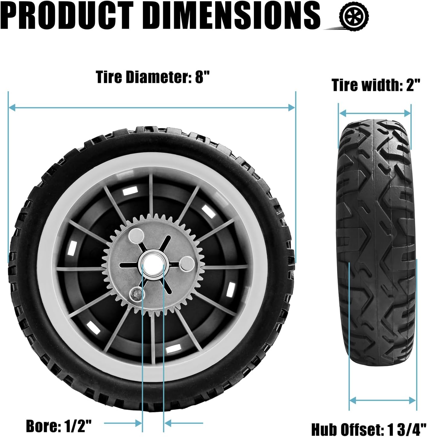 8" Drive Rear Wheel for Toro 107-3709, 8 inch Lawn mower Wheel for Toro Most Super Recyclers, Metal gear with 42 teeth, 2 Pack