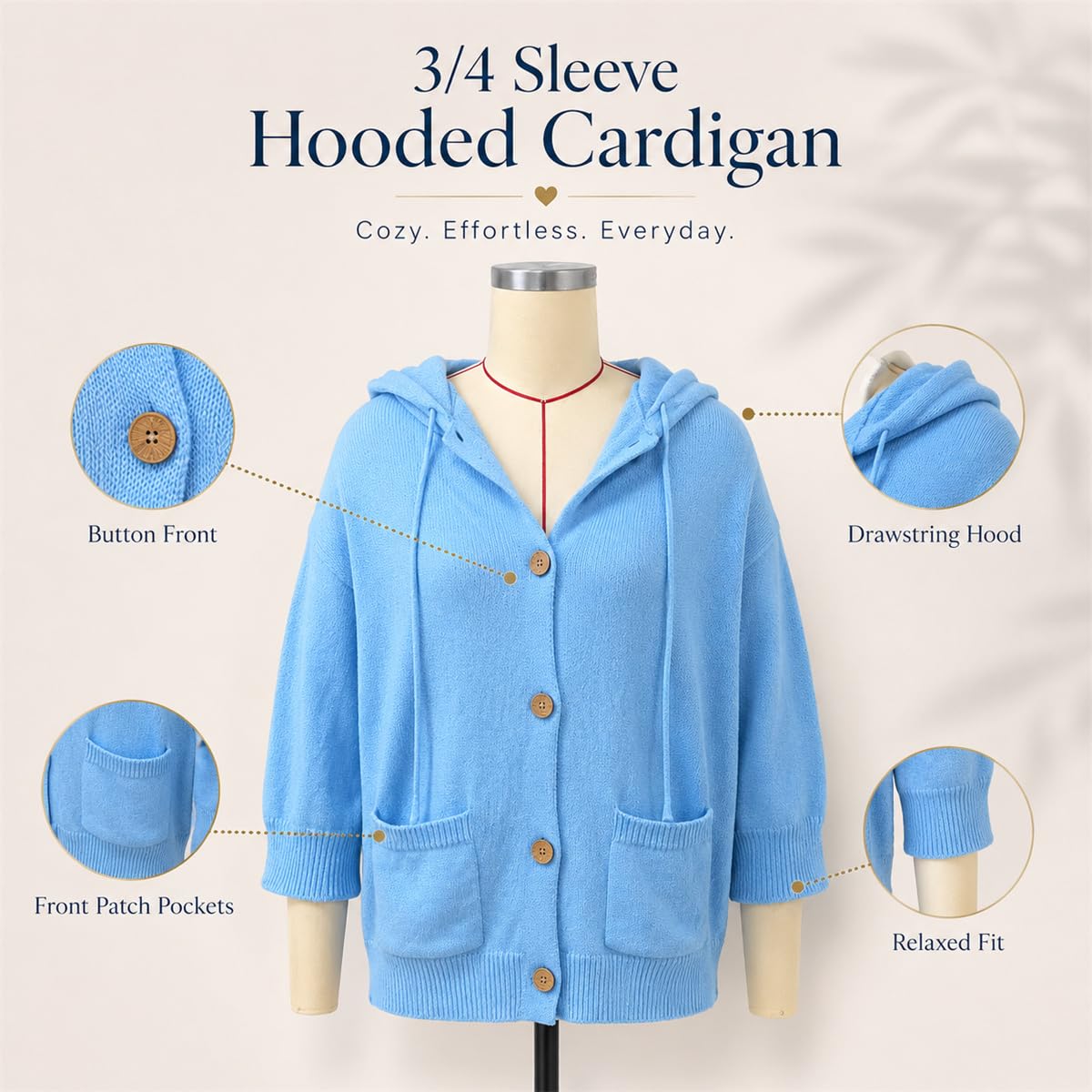 Chaqueta de punto con capucha para mujer, manga 3/4, con botones, cordón y