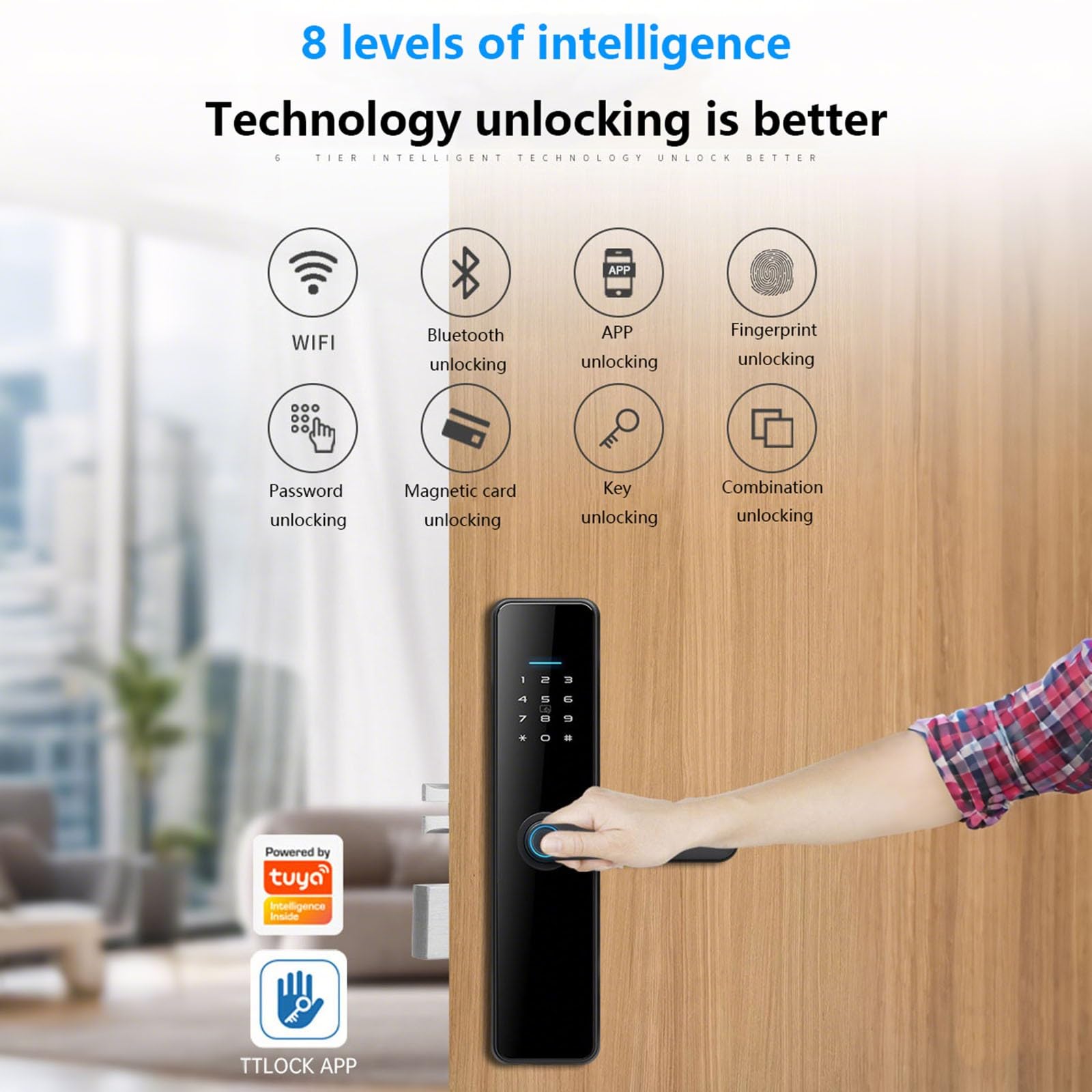 Inteligentny zamek do drzwi, odcisk palca, Tuya Smart zamek do drzwi, Bluetooth, inteligentny zamek z czytnikiem linii papilarnych, do drzwi o grubości 45-80 mm, czarny