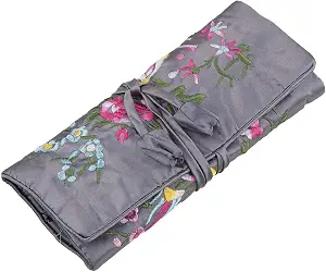 TUMBEELLUWA Embroidery Travel Jewelry Bag Roll with Floral and Bird Brocade Design
