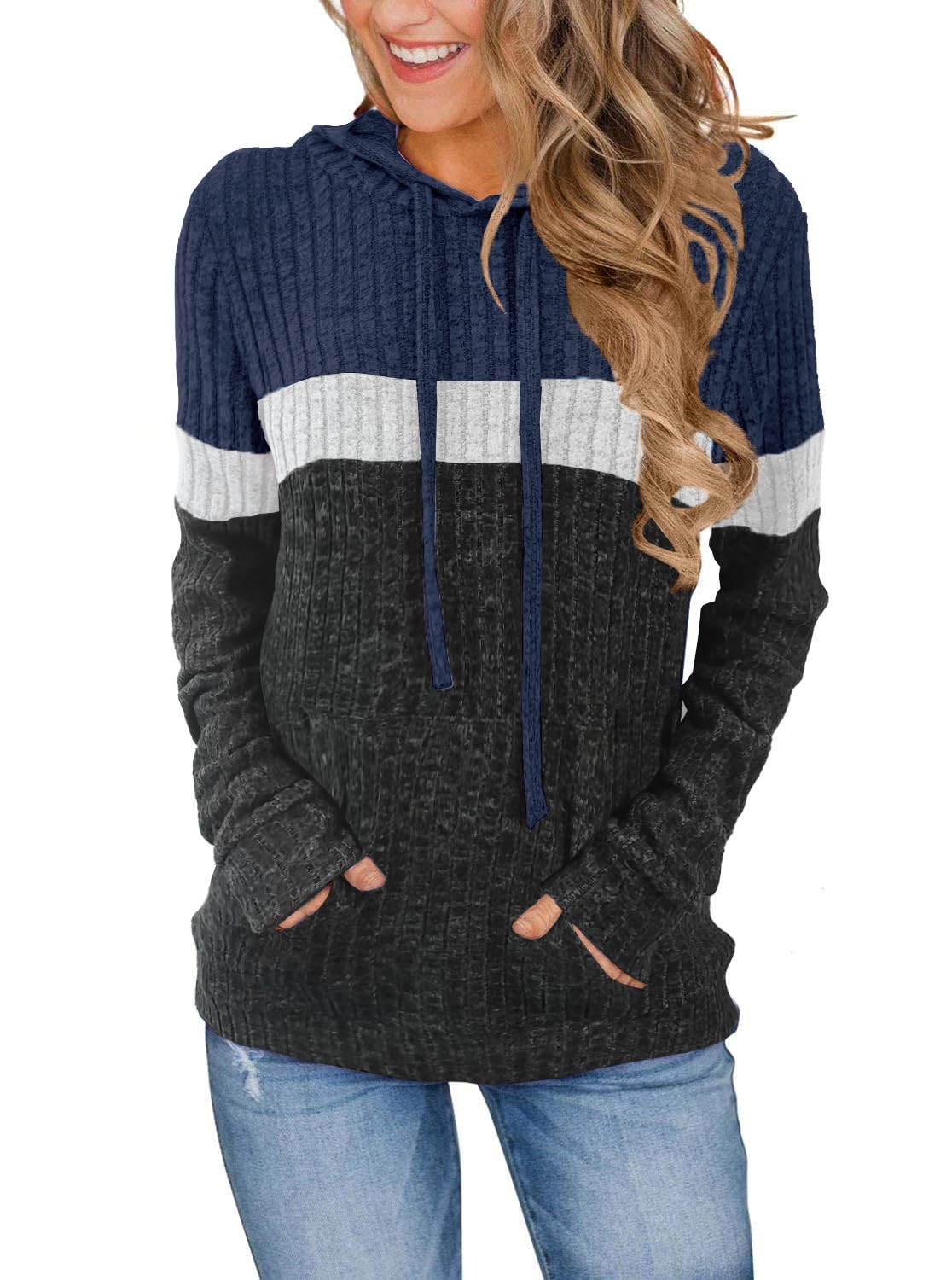 MixShe Women’s Color Block Knit Hoodie – Casual Long Sleeve Pullover Sweater Tops with Pocket