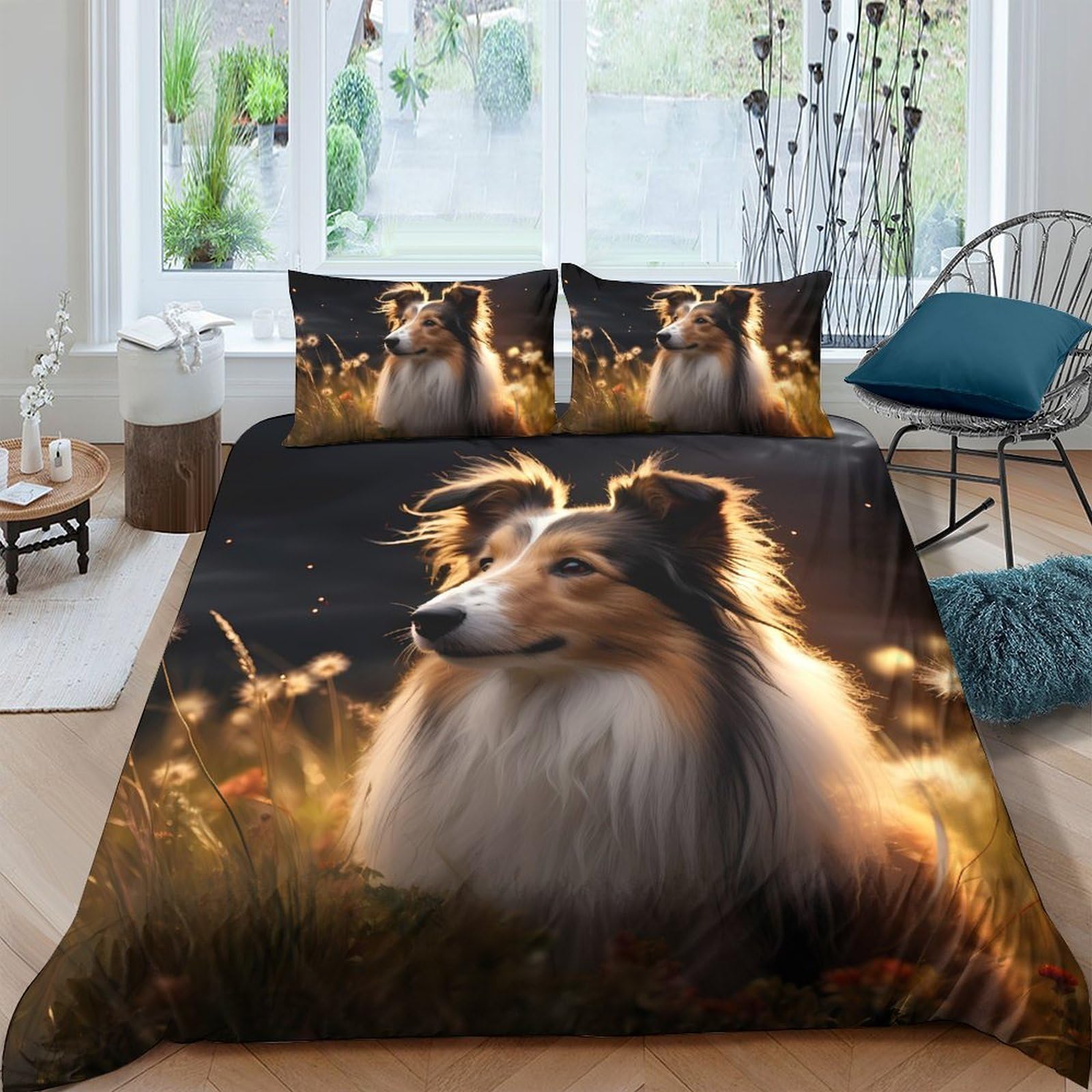 Ctjqhvkz Style-8 3D Printed Collie Dog Fitted Sheet Microfiber Soft Anti-Slip Nature Meadow Bed Cover For Bedroom Guest Room Decoration Single（135X200cm）