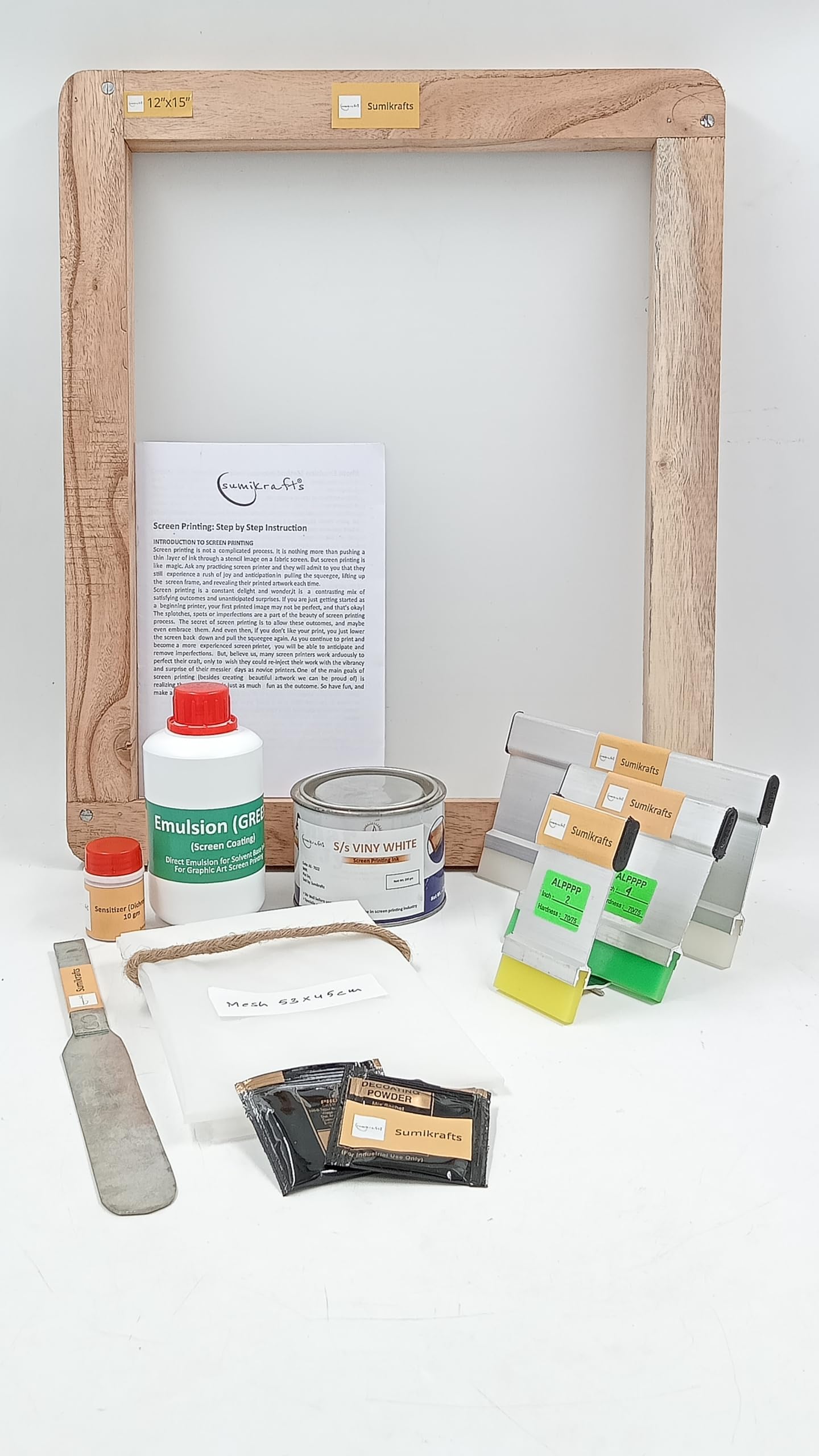 sumikrafts Screen Printing kit: Screen Printing Ink Viny White 250gm+Screen Printing Frame Large 12"x15" with pre Stretched mesh no 16-Screen Printing-image-37