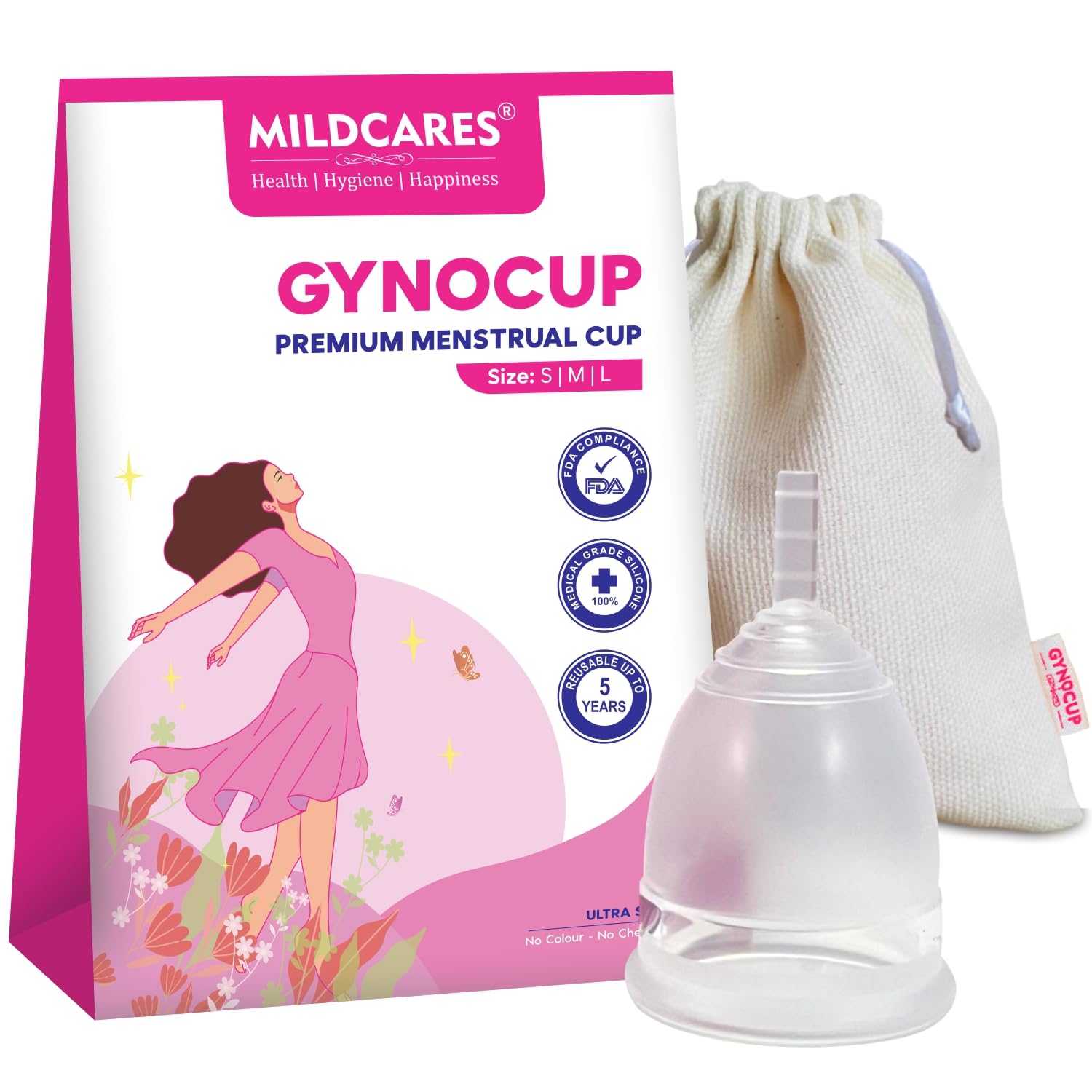GynoCup Reusable Menstrual Cup for Women (White) | Medium Size with Pouch | Ultra Soft, Odor and Rash Free | No Leakage | Protection for Up to 10-12 Hours | Medical-Grade Silicone | FDA Approved