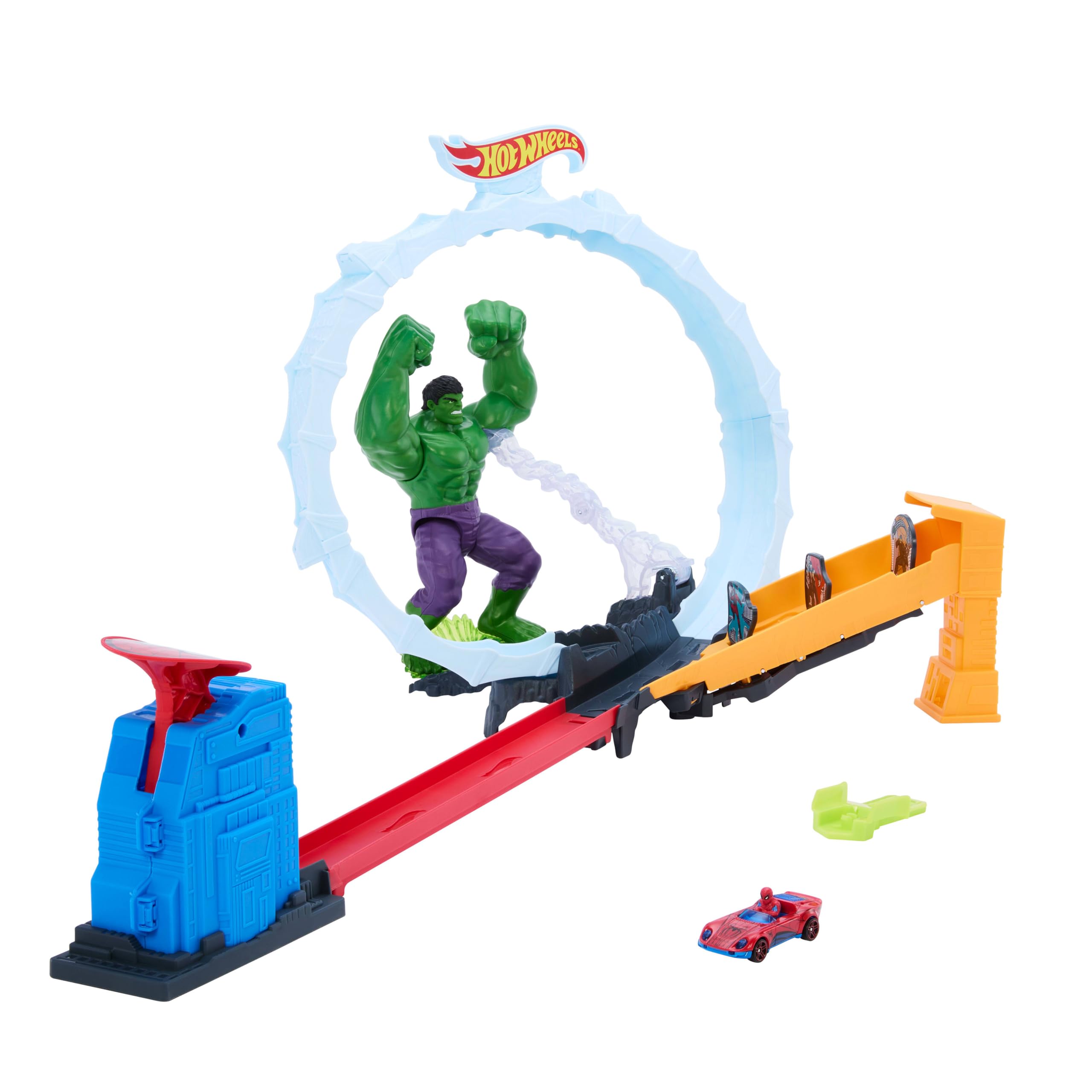 Hot Wheels - Spider-Man e Hulk Spacca, pista da corsa ispirata al film Spider-Man: Brand New Day, con i due iconici supereroi Marvel e auto Superstar inclusi, JMR29