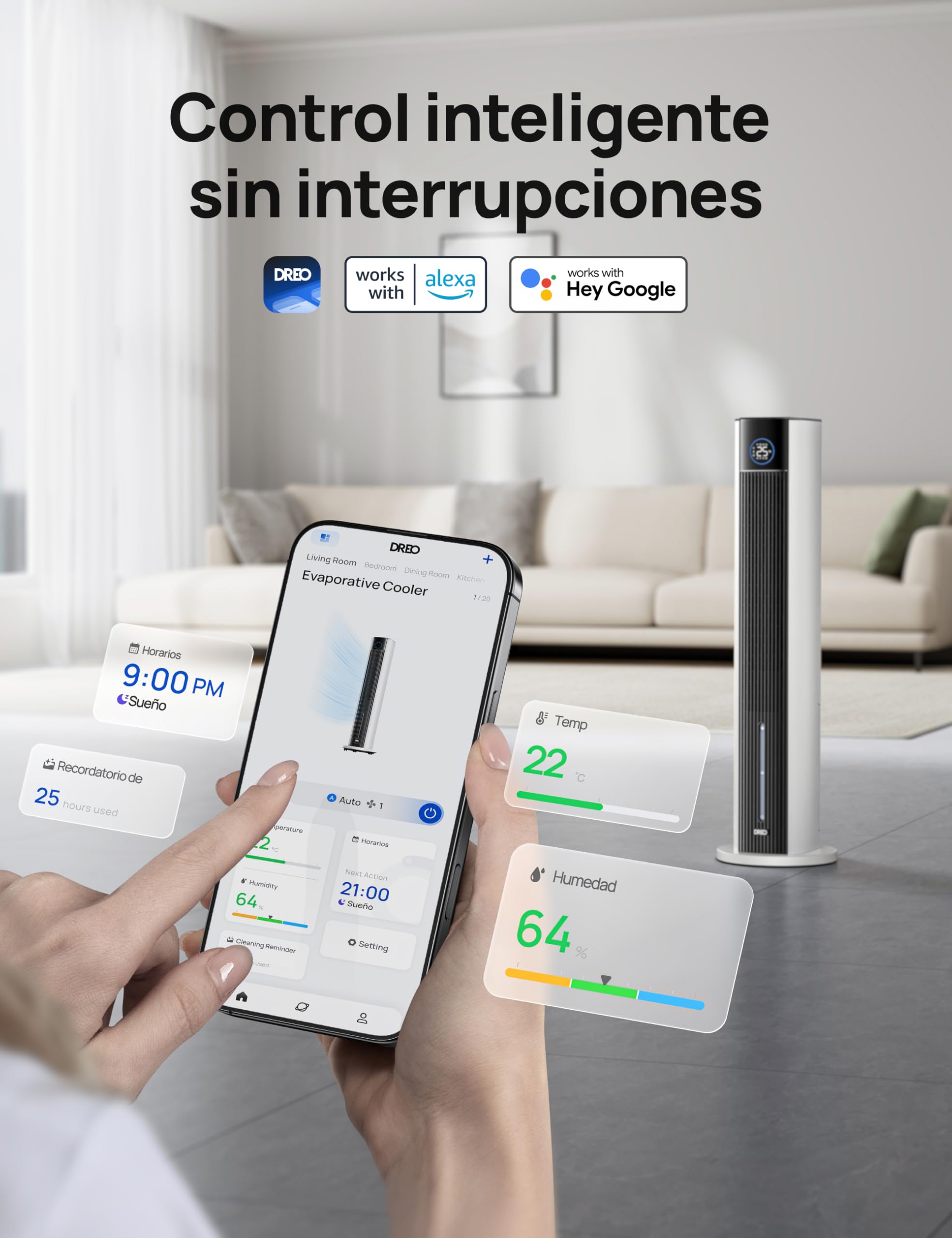 DREO Ventilador de Torre con enfriamiento por agua, enfriador 110 cm, silencioso, 4 velocidades, 4 modos, evaporativo, control app, paquete de hielo, oscilación 80°, temporizador 12 h, blanco