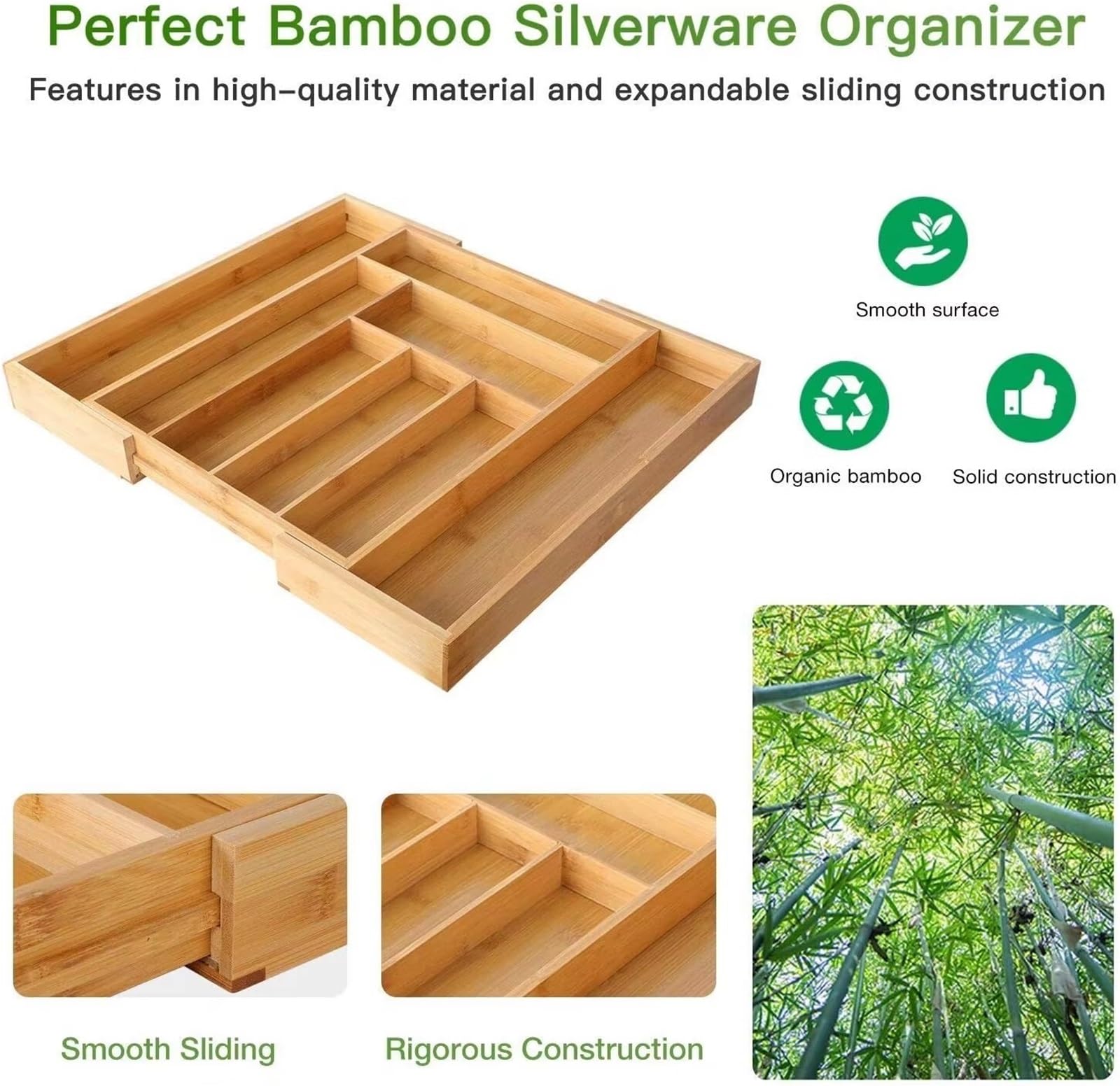 Cubertero Cajon Organizador de cubiertos bambú, bandeja extensible for, organizador utensilios cocina for cucharas, tenedores y cuchillos, multiusos