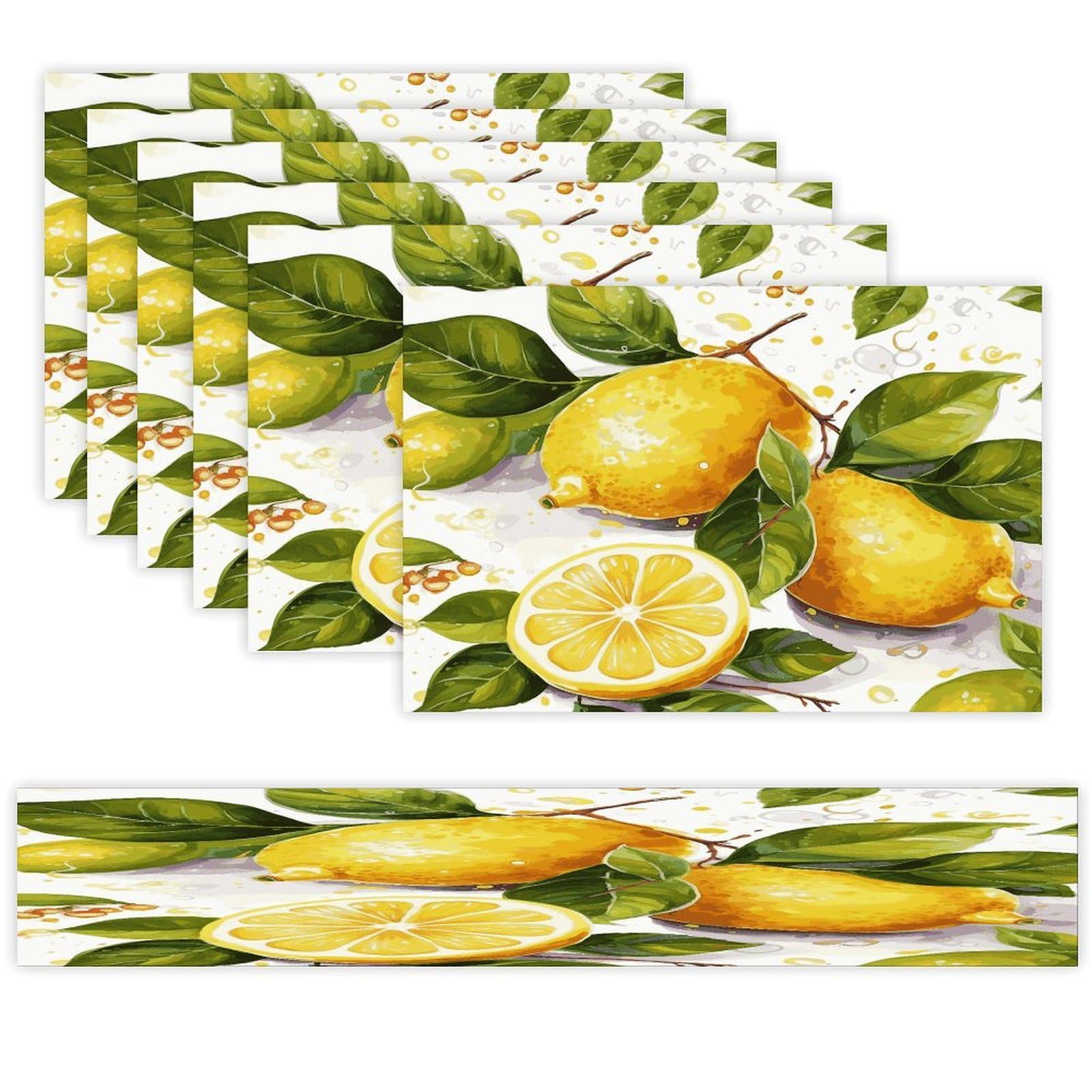 Fruits Lemon Table Runner and Placemats Set of 6 for Kitchen Washable Table Mats Heat Resistant Place Mats Non-Slip Place Mat Wipeable Placemat(6 Placemats+1 Table Runner)