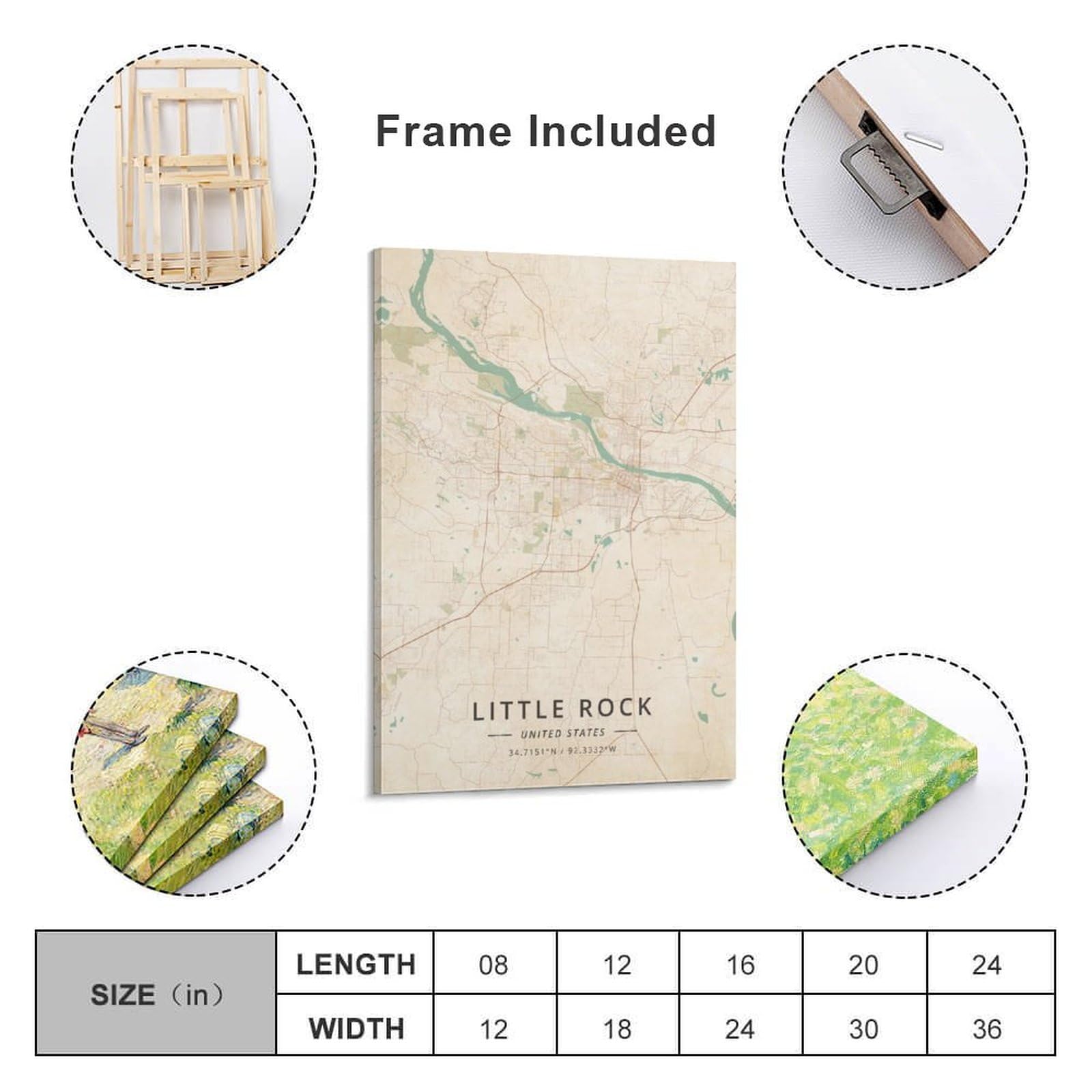 Little Rock - Poster con mappa degli Stati Uniti d'America, stampa artistica da parete su tela, stile vintage, per casa, scuola, ufficio, 30 x 45 cm