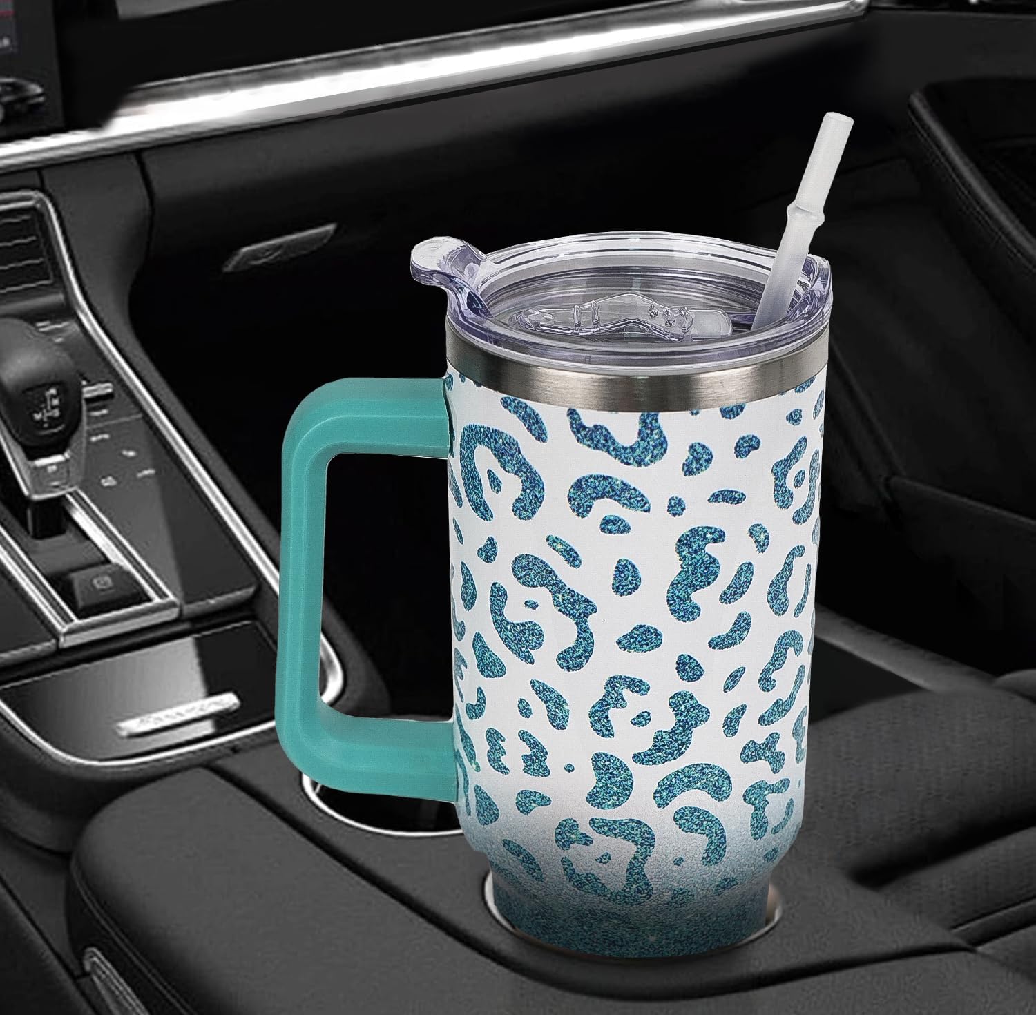 Leopard Tumbler Mint Tumbler 40 oz Leopard Print Gifts for Women Mint Green Cups Coffee Travel Mug with Handle Leak Proof Insulated Cheetah Lover Decor Stuff - Image 6