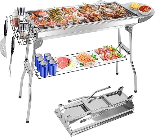 Parrilla portátil de carbón, parrilla plegable grande de acero inoxidable con es
